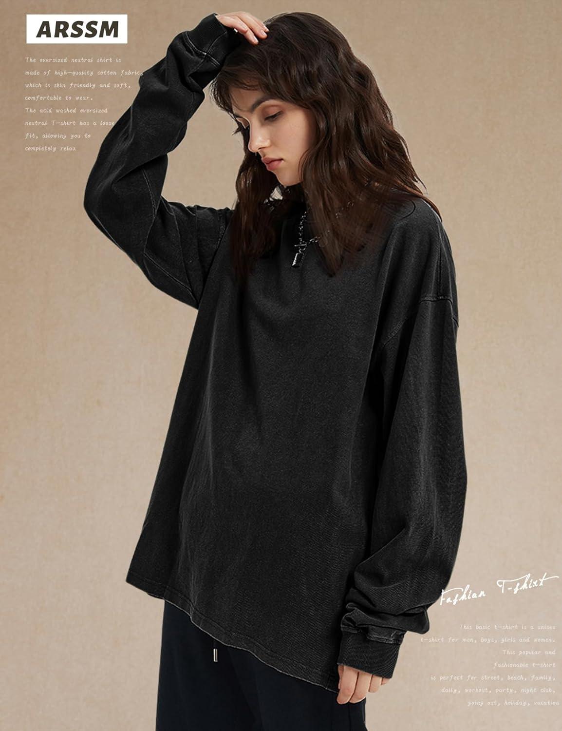 Arssm Oversized T-Shirts for Women Cotton Long Sleeve Vintage Acid Wash Baggy T Shirts(Black+grey+army)
