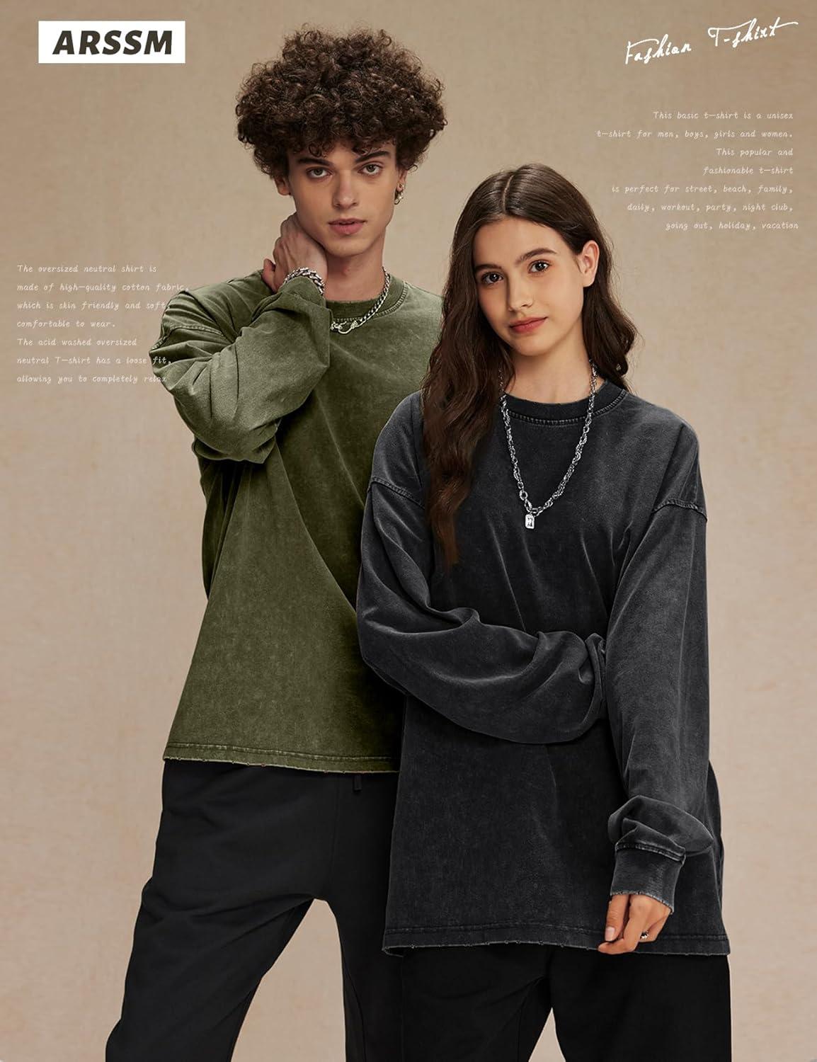 Arssm Oversized T-Shirts for Women Cotton Long Sleeve Vintage Acid Wash Baggy T Shirts(Black+grey+army)