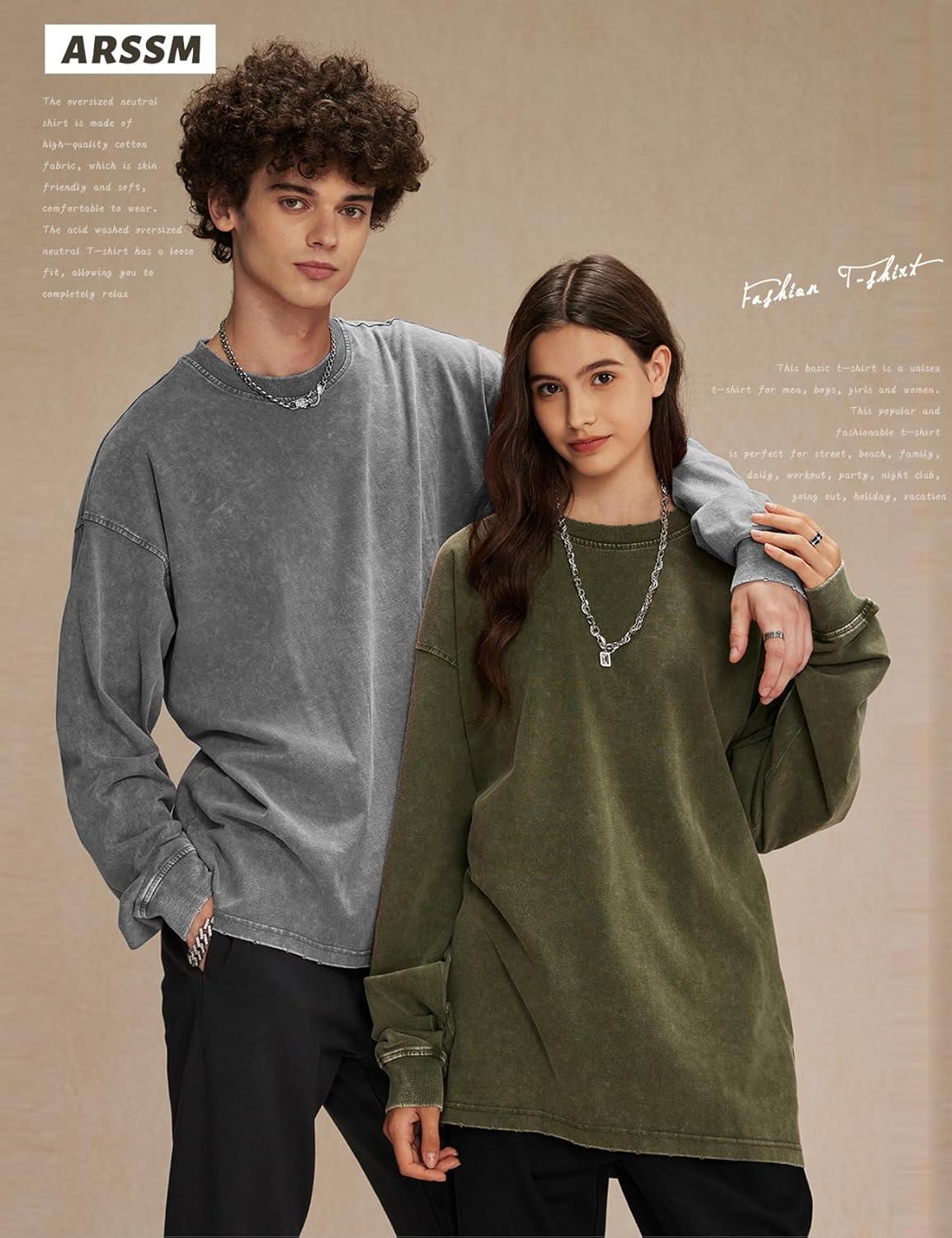 Arssm Oversized T-Shirts for Women Cotton Long Sleeve Vintage Acid Wash Baggy T Shirts(Black+grey+army)