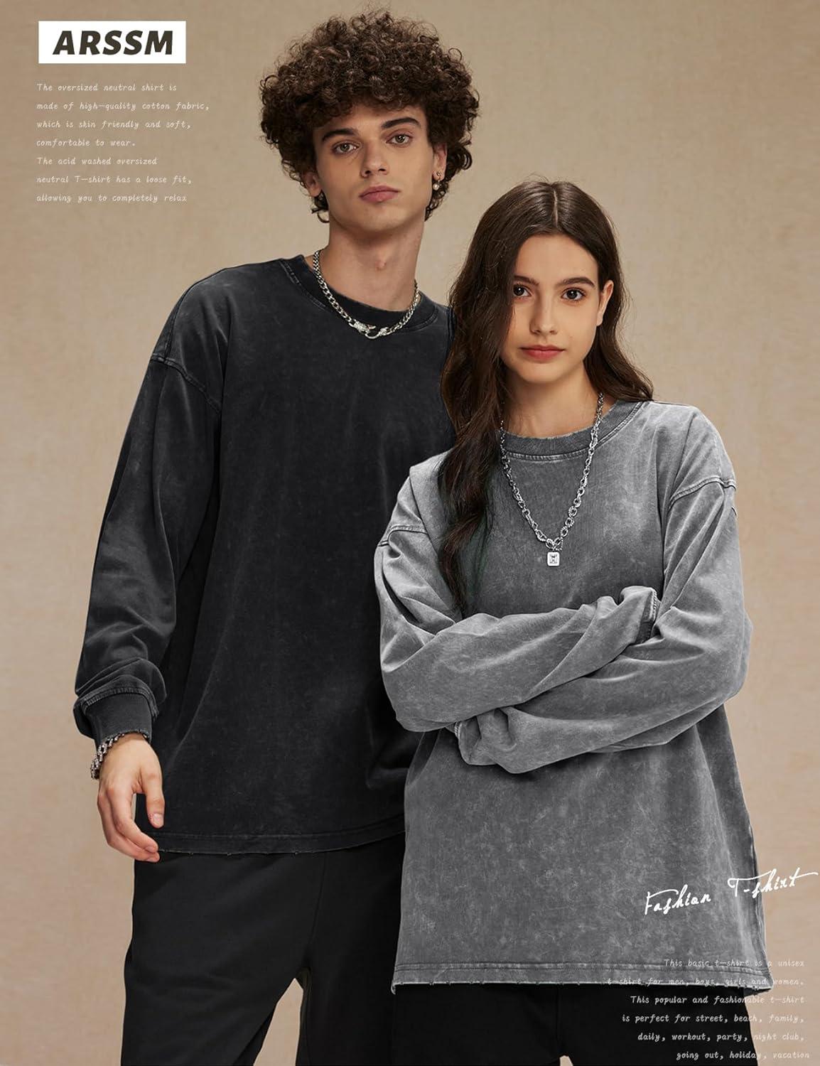 Arssm Oversized T-Shirts for Women Cotton Long Sleeve Vintage Acid Wash Baggy T Shirts(Black+grey+army)