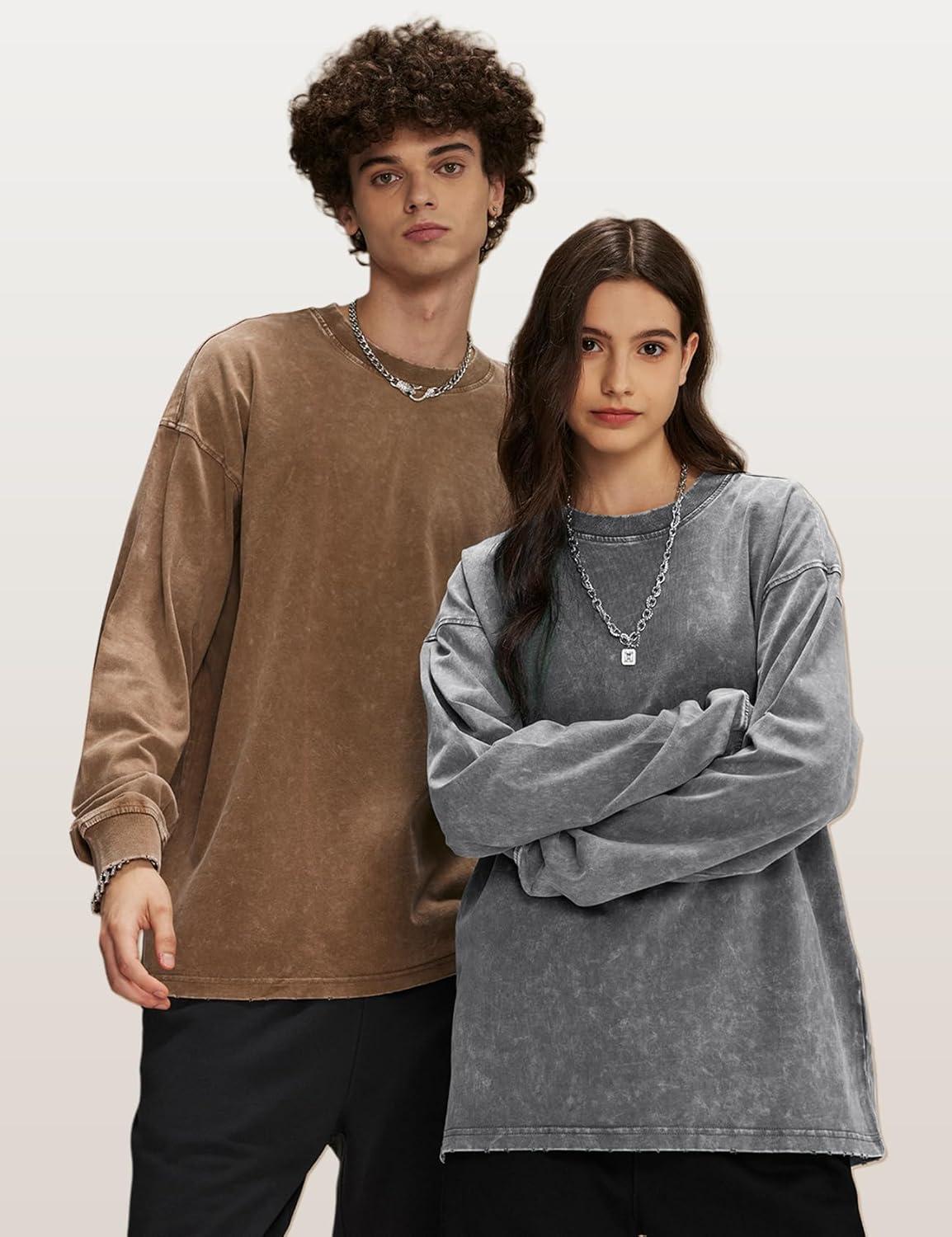 Arssm Mens Oversized T-Shirts Cotton Long Sleeve Tshirts Vintage Acid Wash Baggy Tees(Black+grey+khaki)