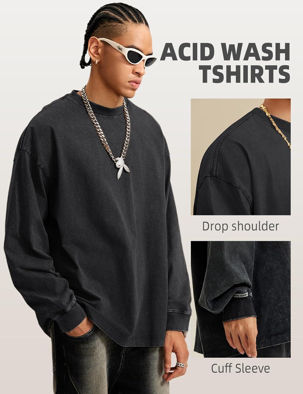Arssm Mens Oversized T-Shirts Cotton Long Sleeve Tshirts Vintage Acid Wash Baggy Tees(Black+grey+khaki)