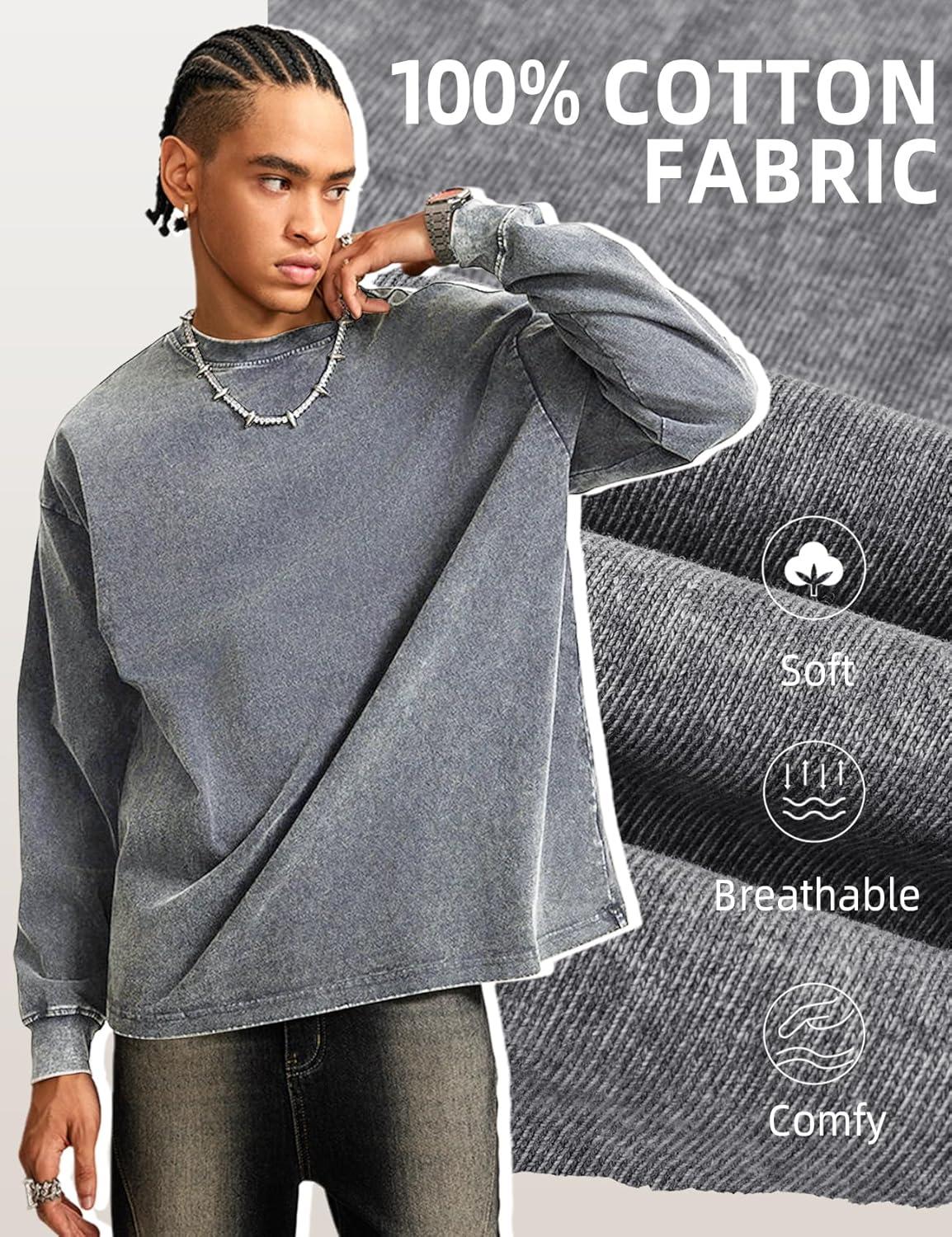 Arssm Mens Oversized T-Shirts Cotton Long Sleeve Tshirts Vintage Acid Wash Baggy Tees(Black+grey+khaki)