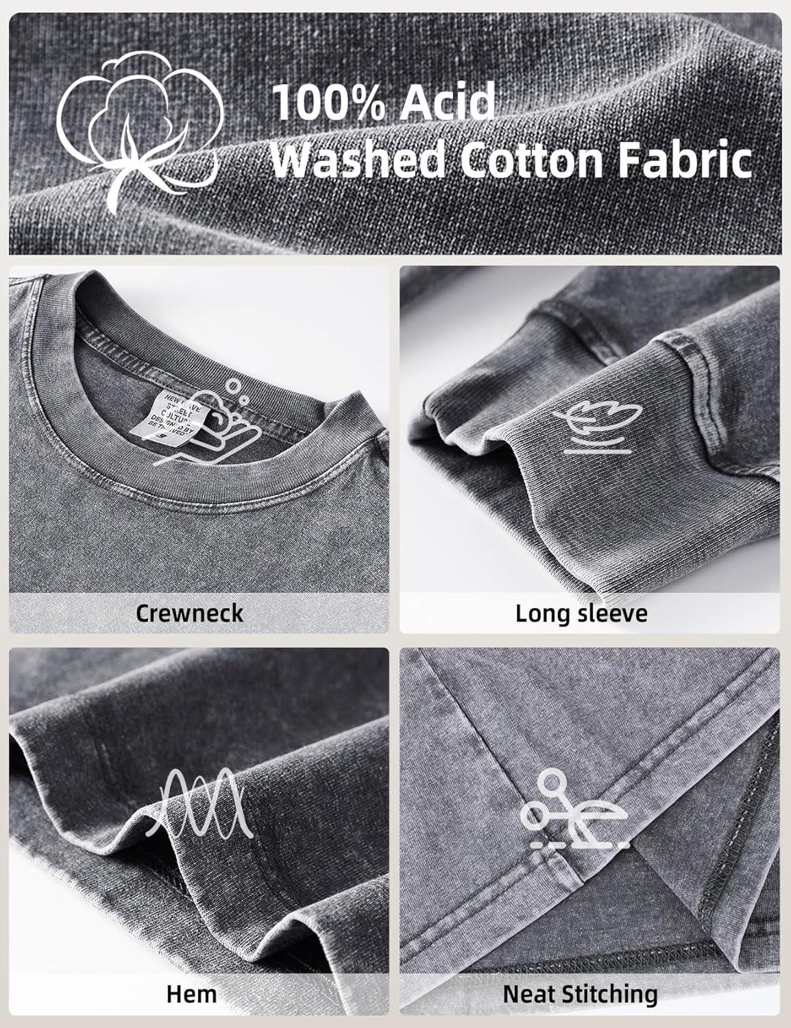 Arssm Mens Oversized T-Shirts Cotton Long Sleeve Tshirts Vintage Acid Wash Baggy Tees(Black+grey+khaki)
