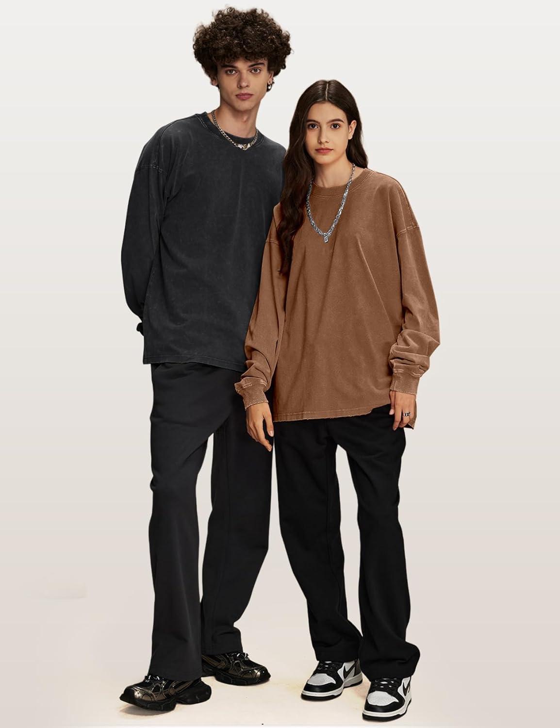 Arssm Mens Oversized T-Shirts Cotton Long Sleeve Tshirts Vintage Acid Wash Baggy Tees(Black+grey+khaki)