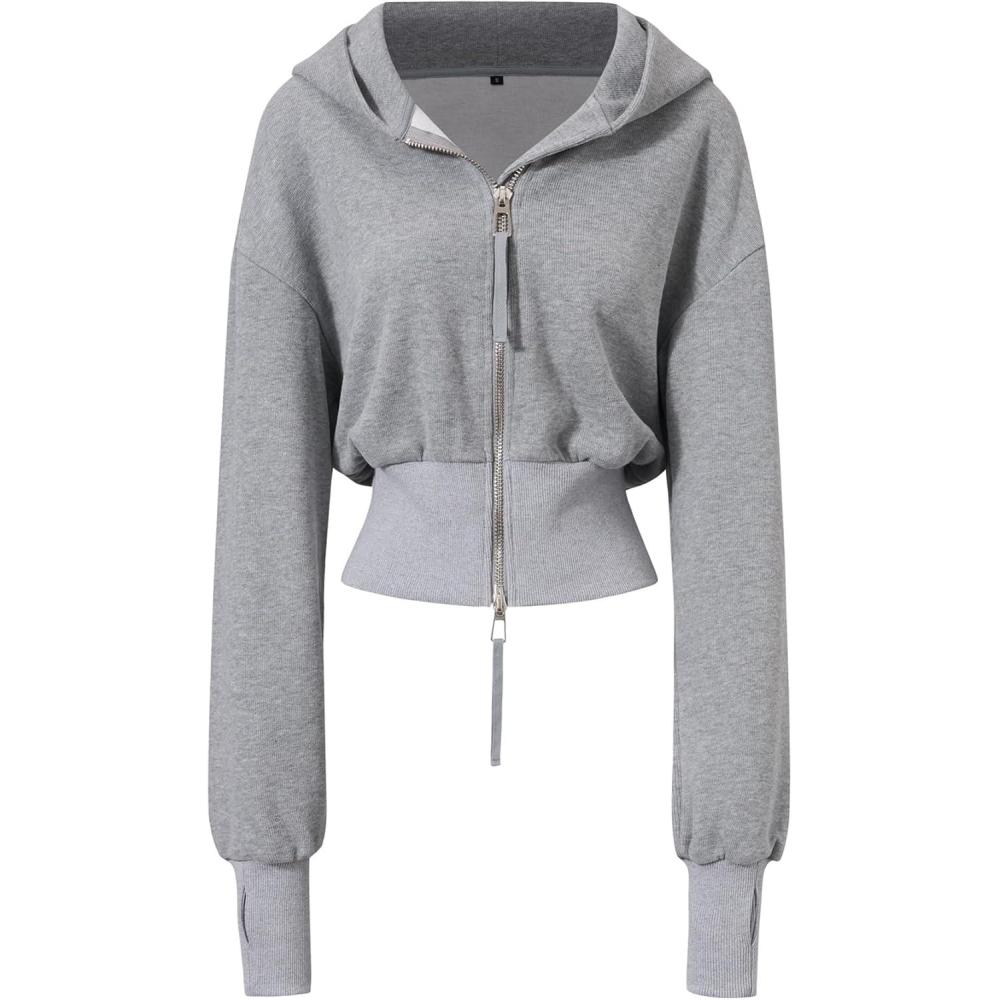 Arssm Cropped Hoodie Women Zip Up Long Sleeve Sweatshirts Casual Fashion Hooded Workout Jacket Crop Top(Grey)