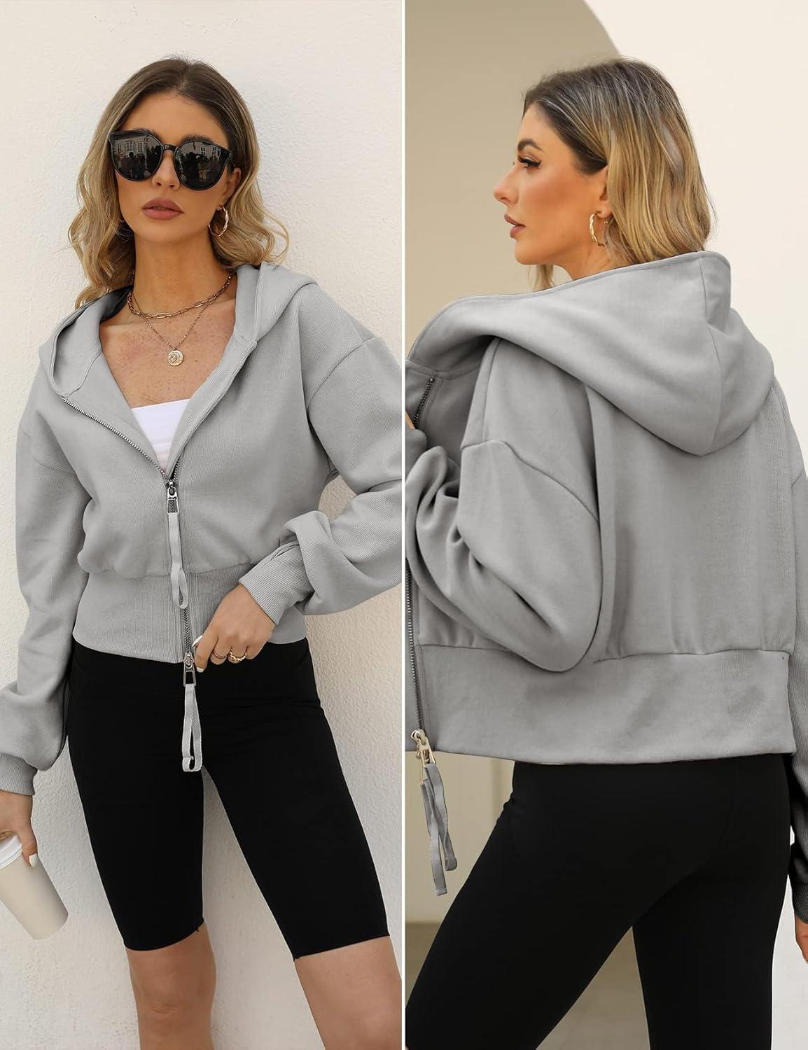 Arssm Cropped Hoodie Women Zip Up Long Sleeve Sweatshirts Casual Fashion Hooded Workout Jacket Crop Top(Grey)