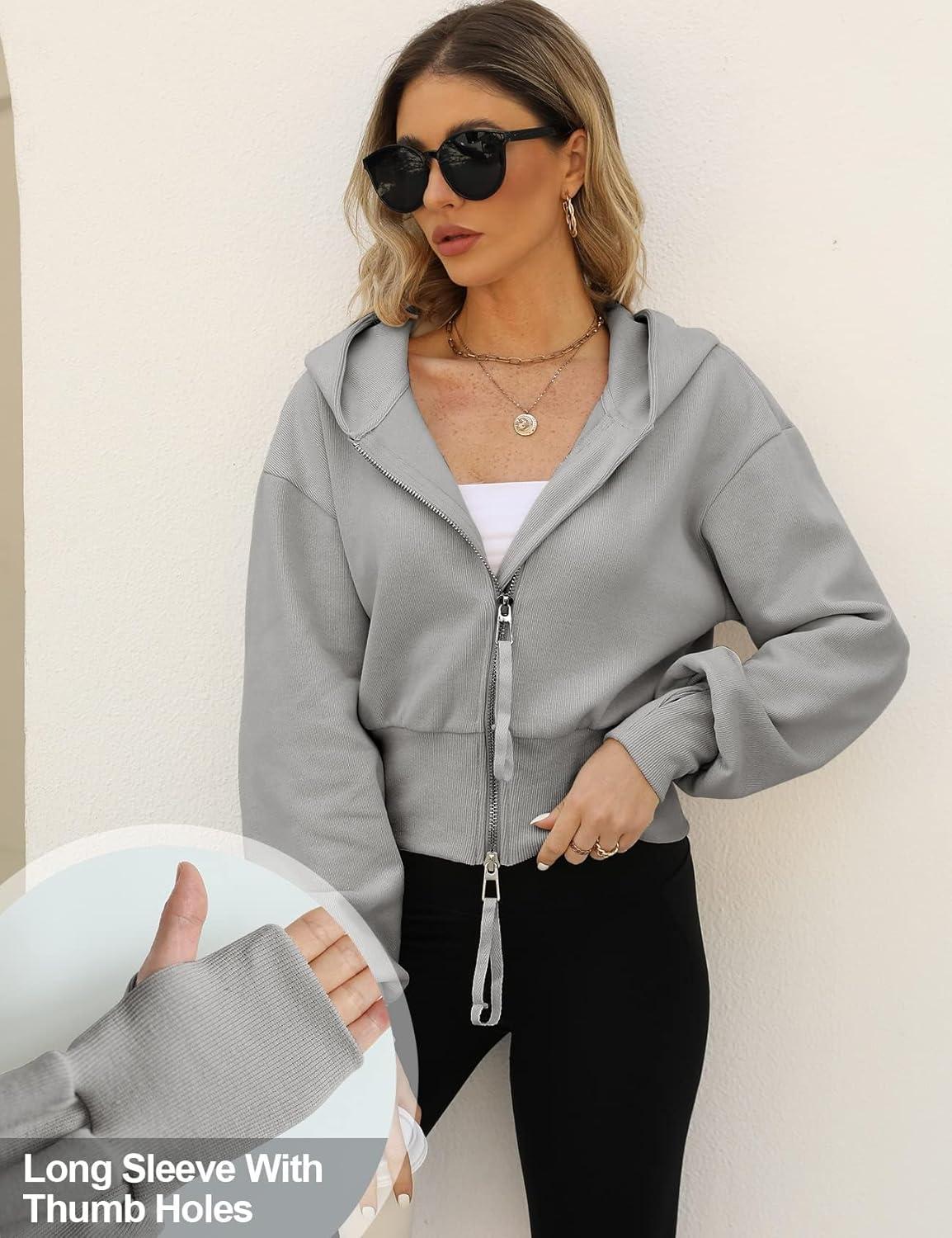 Arssm Cropped Hoodie Women Zip Up Long Sleeve Sweatshirts Casual Fashion Hooded Workout Jacket Crop Top(Grey)