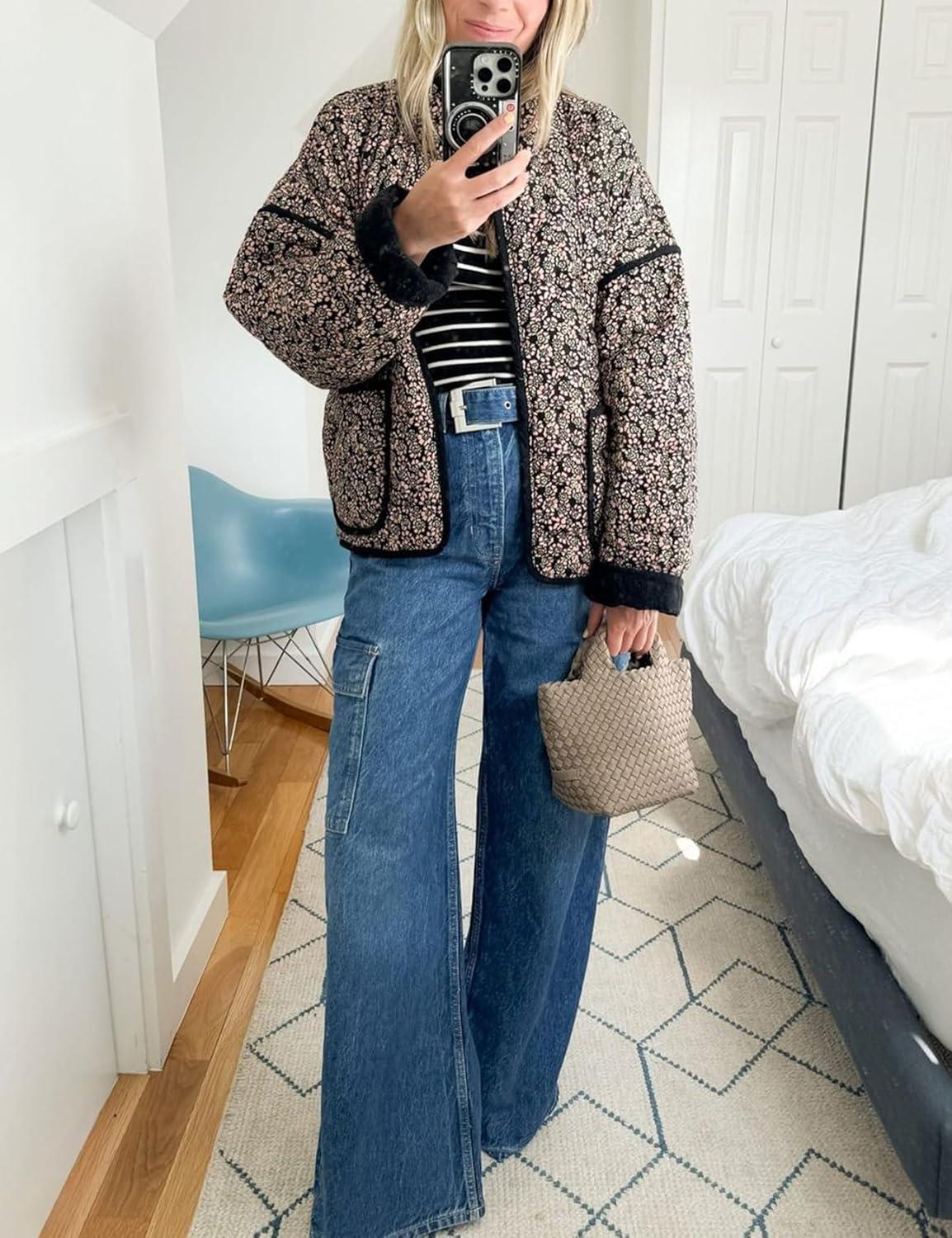 Arssm Women Floral Quilted Puffer Jacket Cropped Lightweight Patchwork Vintage Padded Short Coat Outerwear(Greenfloral)