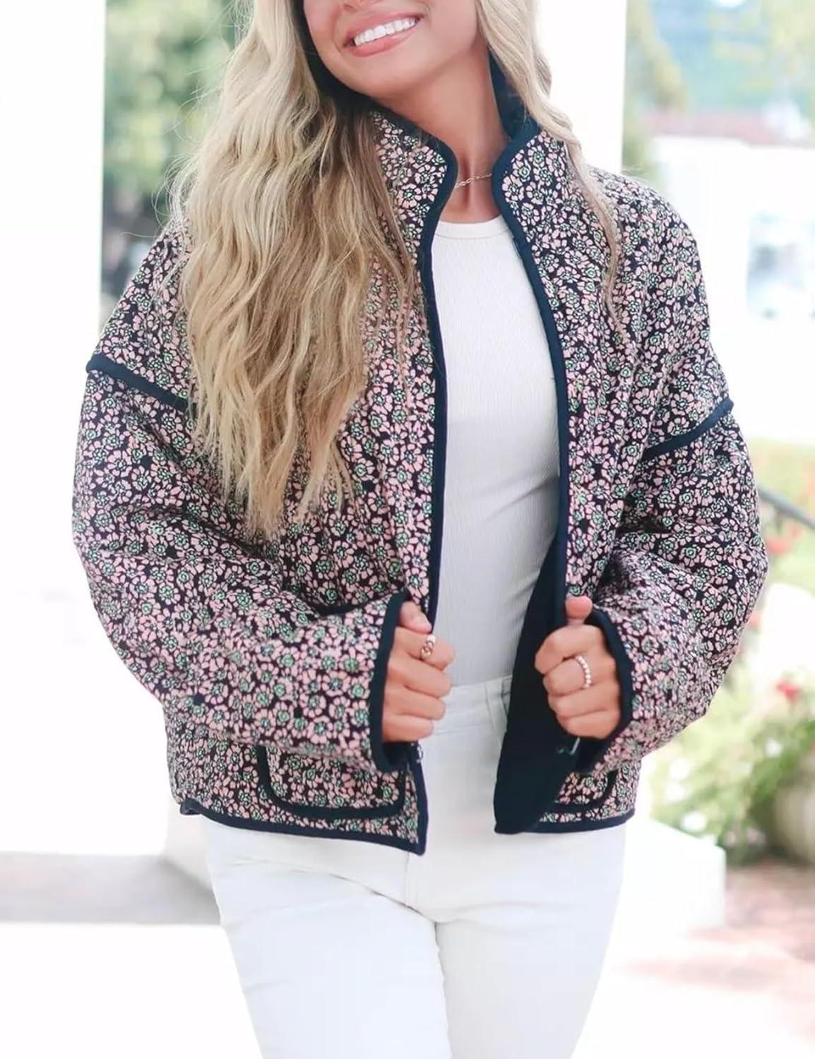 Arssm Women Floral Quilted Puffer Jacket Cropped Lightweight Patchwork Vintage Padded Short Coat Outerwear(Greenfloral)