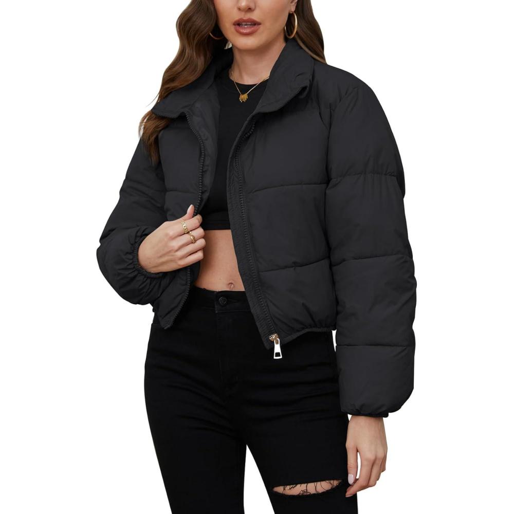 Arssm Women Cropped Puffer Jacket Short Puffy Jacket Crop Warm Winter Coats with Pockets(Black)