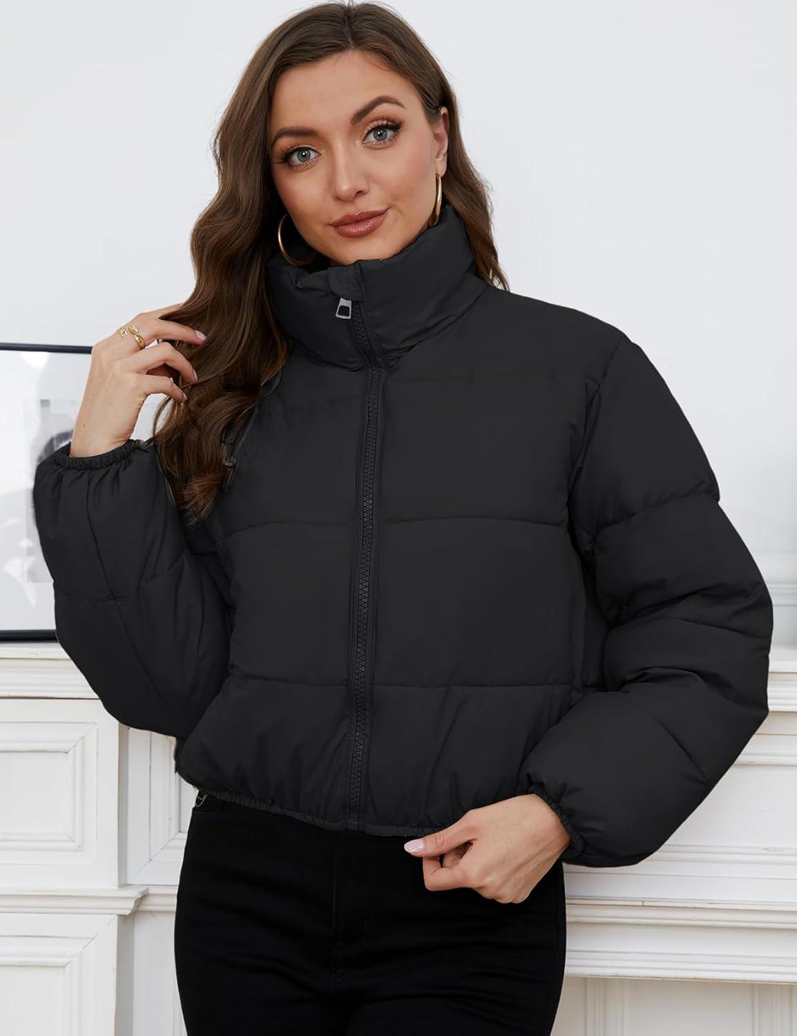 Arssm Women Cropped Puffer Jacket Short Puffy Jacket Crop Warm Winter Coats with Pockets(Black)