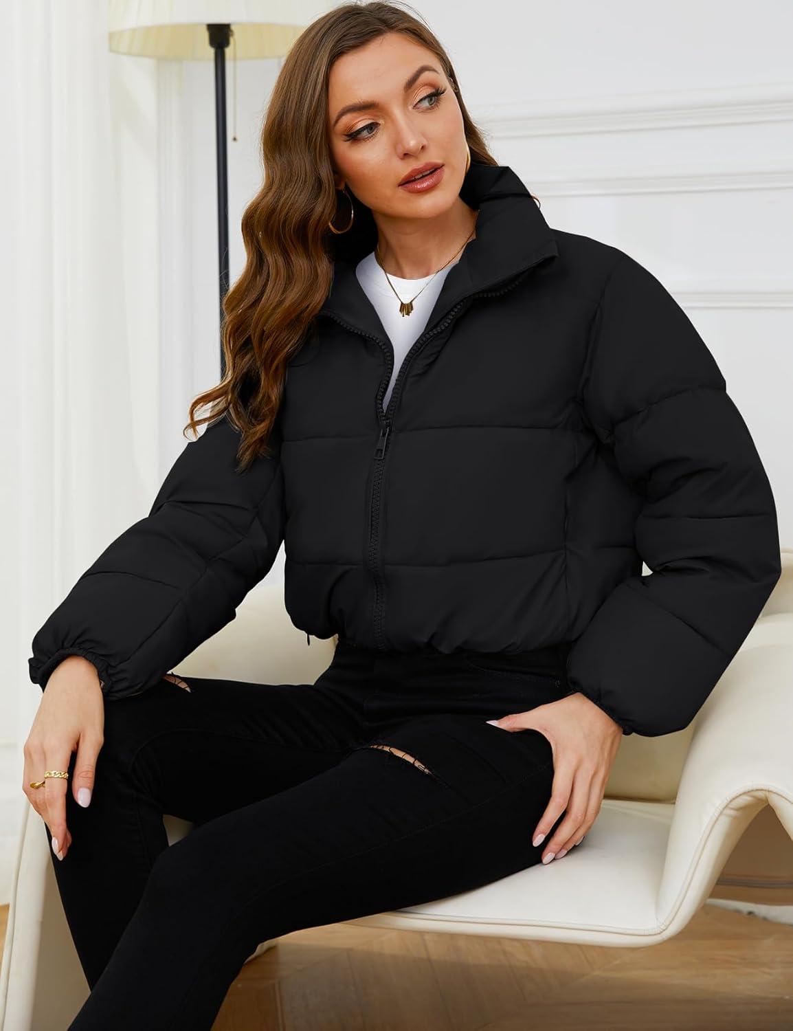 Arssm Women Cropped Puffer Jacket Short Puffy Jacket Crop Warm Winter Coats with Pockets(Black)