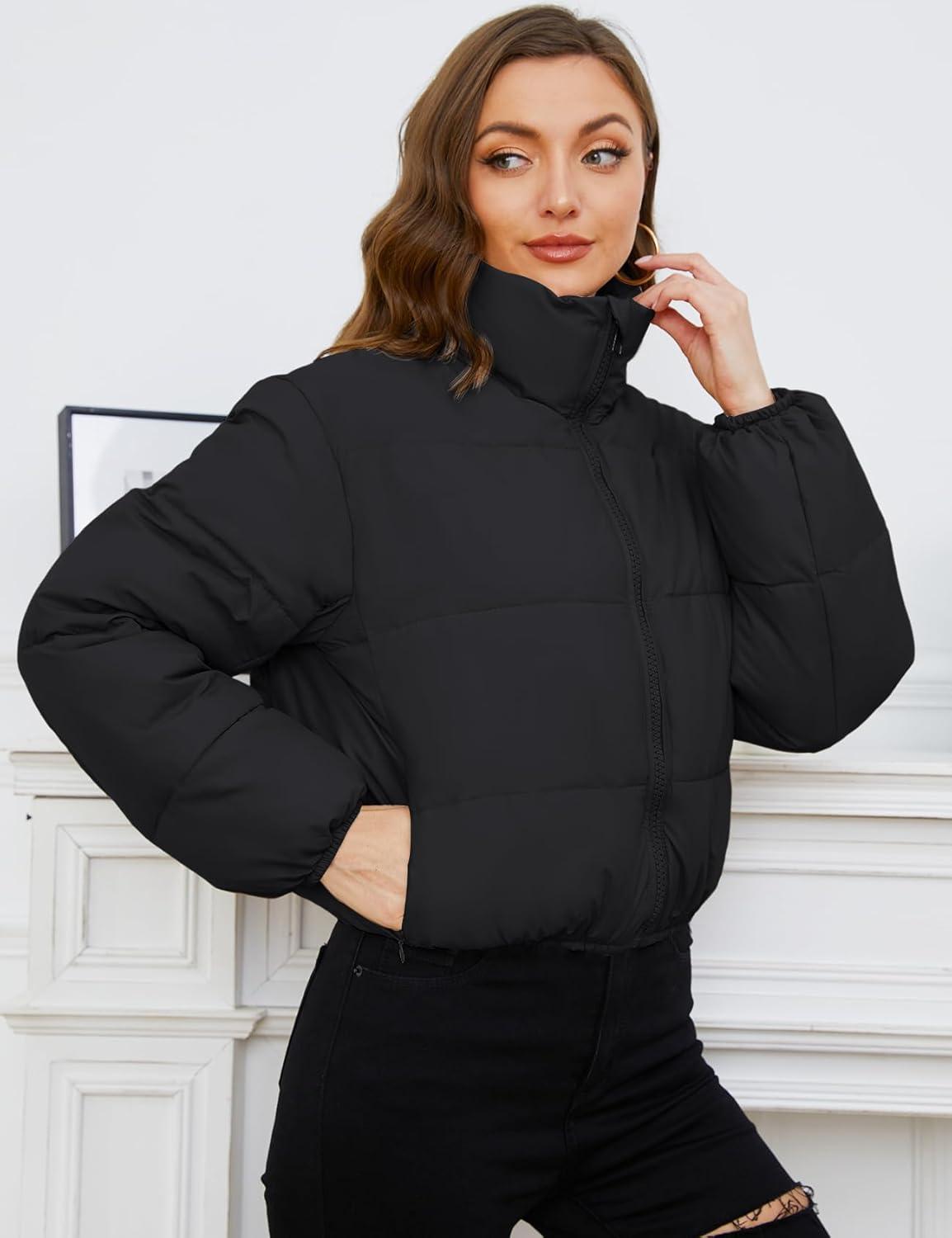 Arssm Women Cropped Puffer Jacket Short Puffy Jacket Crop Warm Winter Coats with Pockets(Black)