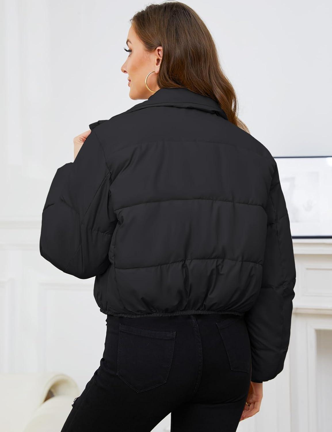 Arssm Women Cropped Puffer Jacket Short Puffy Jacket Crop Warm Winter Coats with Pockets(Black)