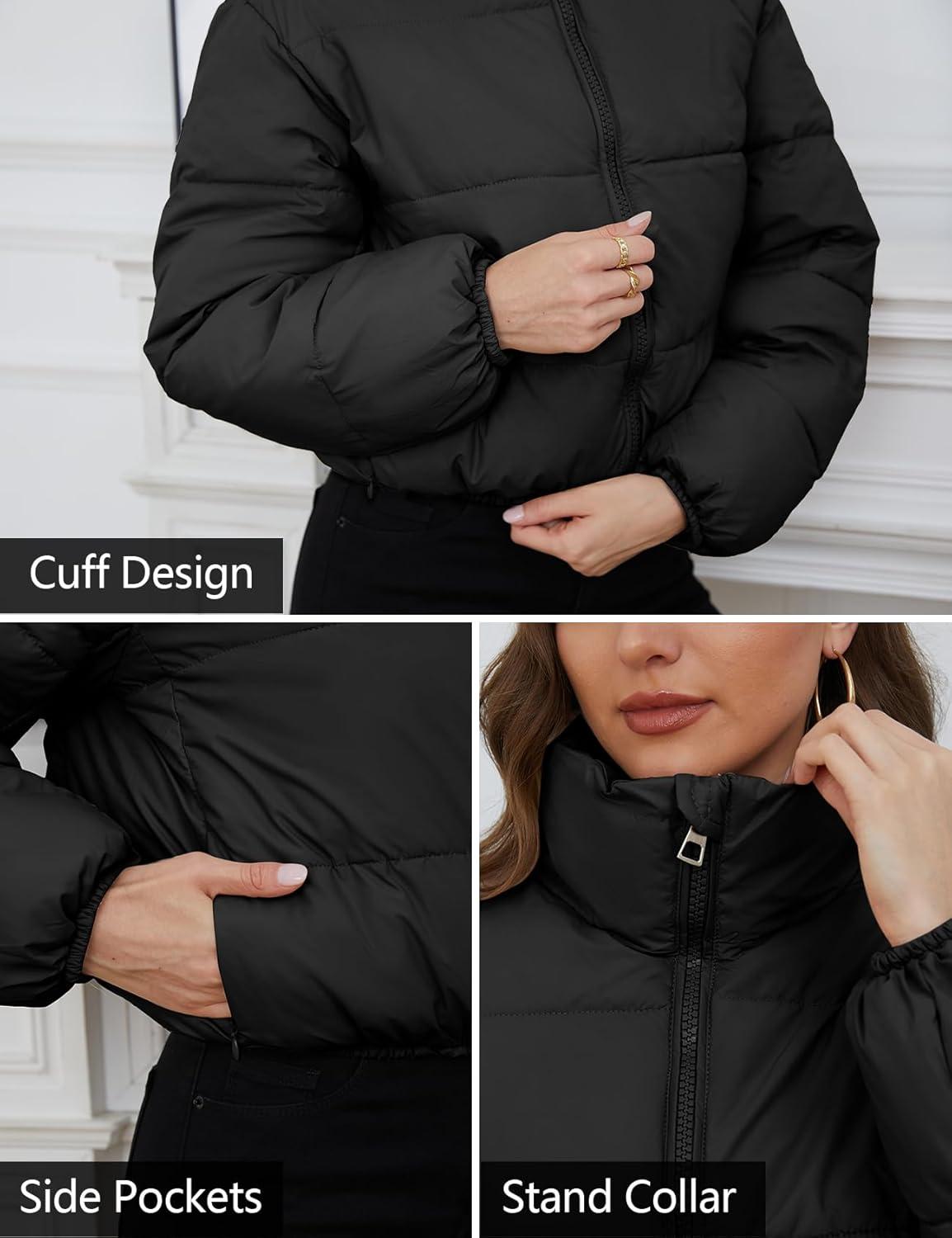 Arssm Women Cropped Puffer Jacket Short Puffy Jacket Crop Warm Winter Coats with Pockets(Black)