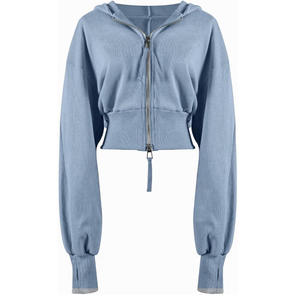 Arssm Cropped Hoodie Women Zip Up Long Sleeve Sweatshirts Casual Fashion Hooded Workout Jacket Crop Top(Blue)