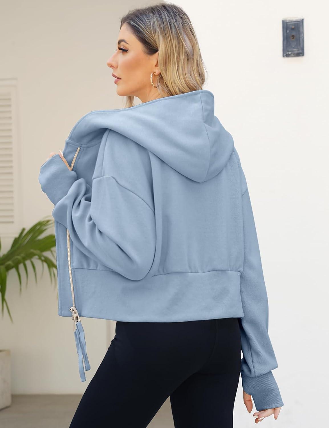 Arssm Cropped Hoodie Women Zip Up Long Sleeve Sweatshirts Casual Fashion Hooded Workout Jacket Crop Top(Blue)