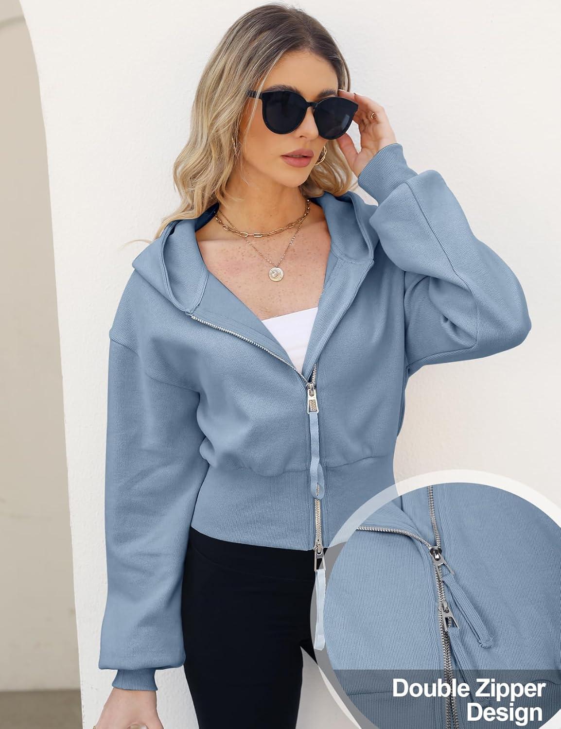 Arssm Cropped Hoodie Women Zip Up Long Sleeve Sweatshirts Casual Fashion Hooded Workout Jacket Crop Top(Blue)