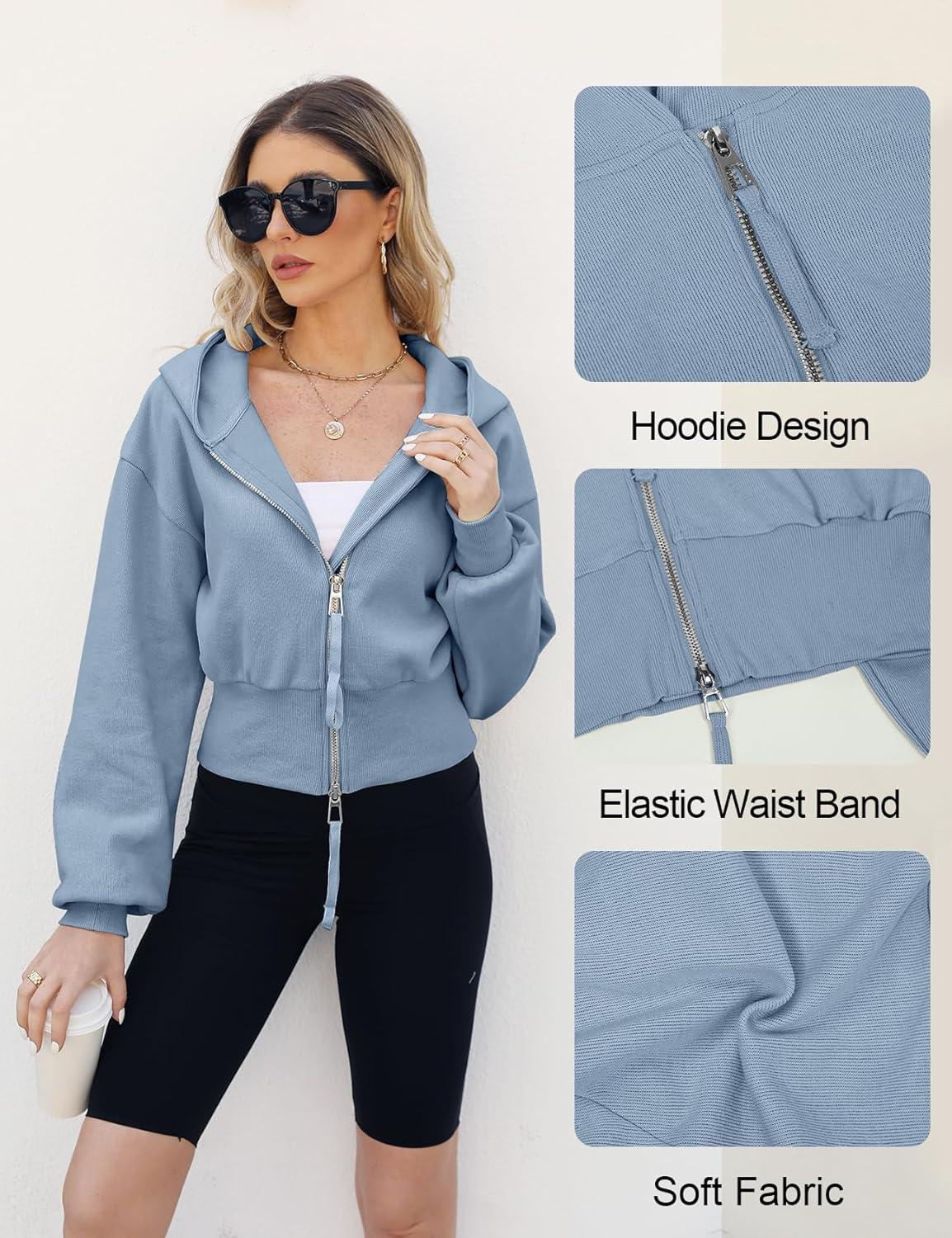 Arssm Cropped Hoodie Women Zip Up Long Sleeve Sweatshirts Casual Fashion Hooded Workout Jacket Crop Top(Blue)