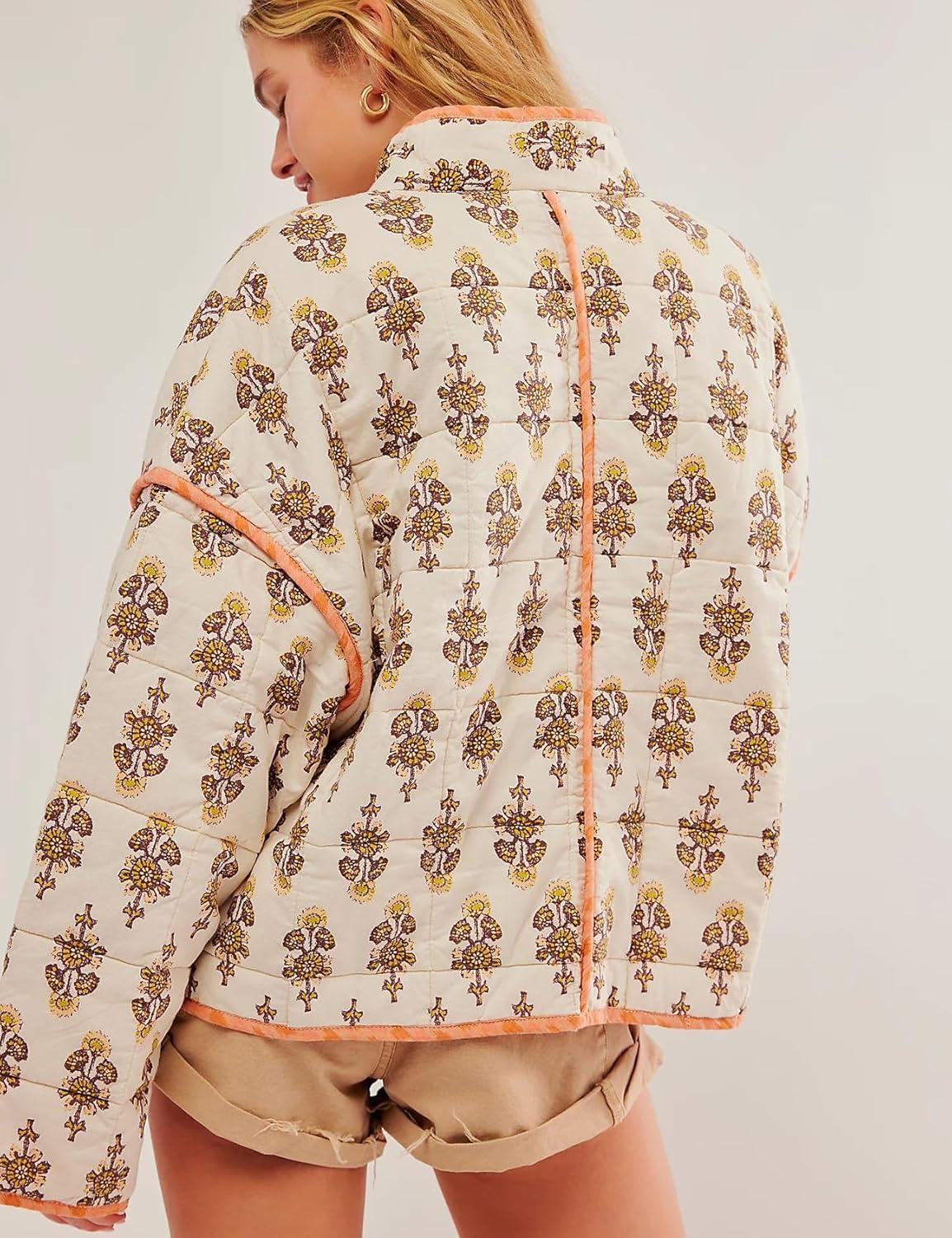 Arssm Women Floral Quilted Puffer Jacket Cropped Lightweight Patchwork Vintage Padded Short Coat Outerwear(Apricot)