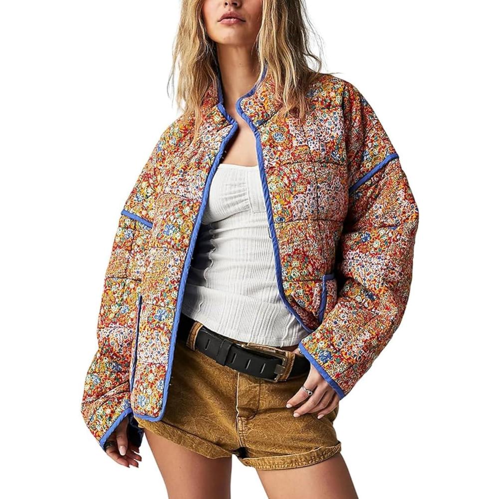 Arssm Women Floral Quilted Puffer Jacket Cropped Lightweight Patchwork Vintage Padded Short Coat Outerwear(Orange)