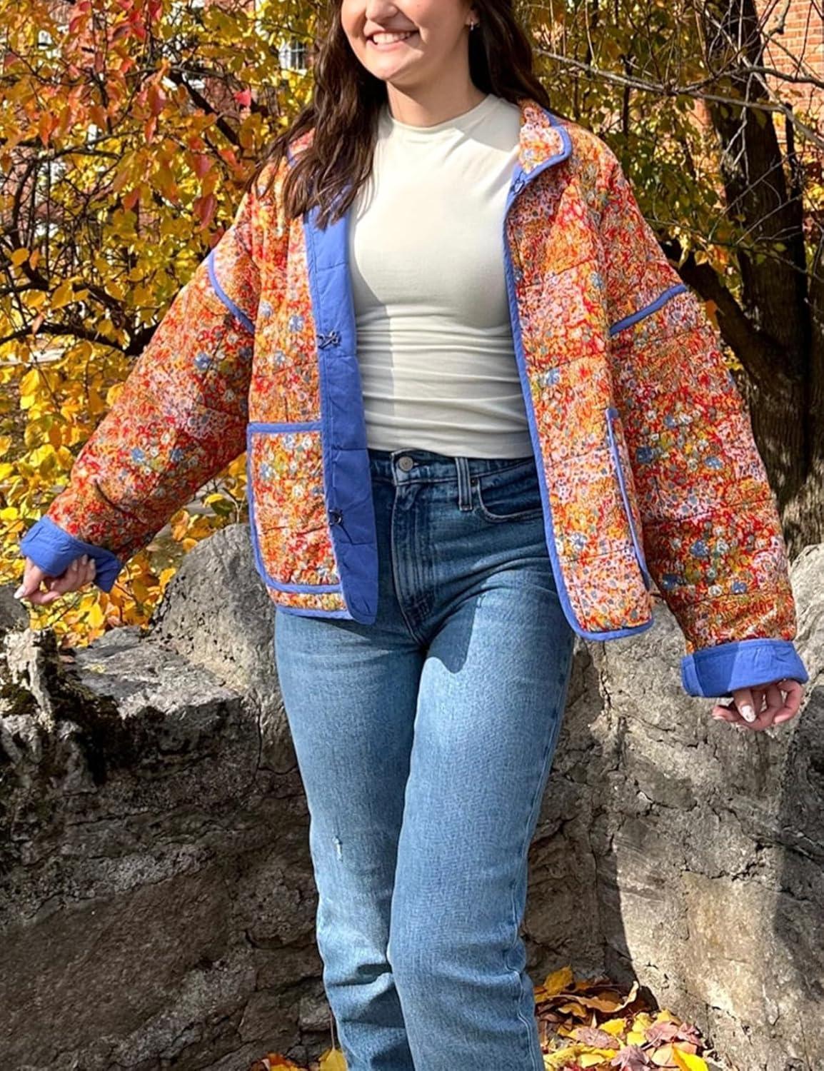 Arssm Women Floral Quilted Puffer Jacket Cropped Lightweight Patchwork Vintage Padded Short Coat Outerwear(Orange)