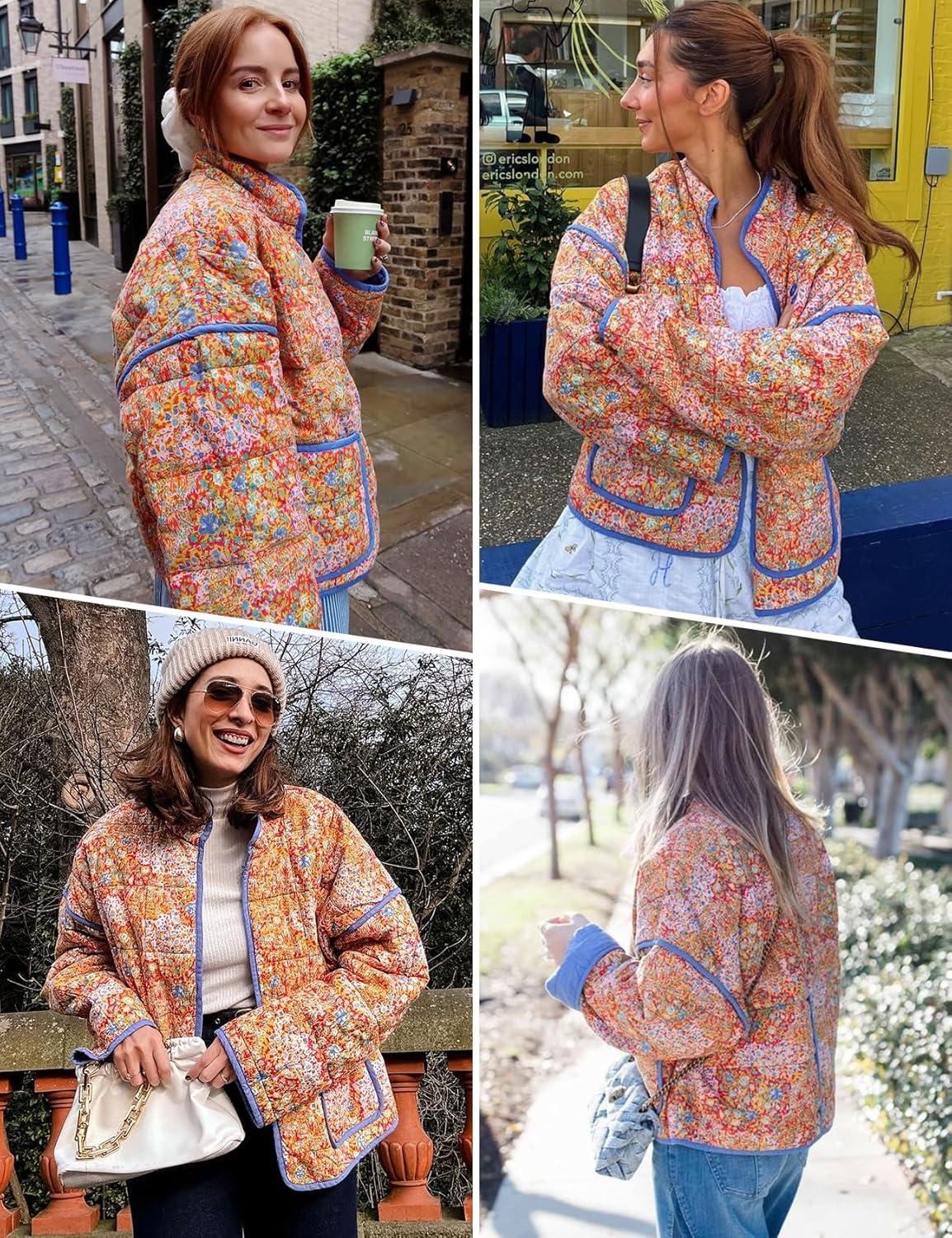 Arssm Women Floral Quilted Puffer Jacket Cropped Lightweight Patchwork Vintage Padded Short Coat Outerwear(Orange)