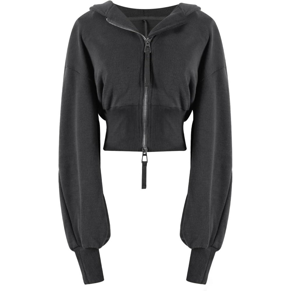 Arssm Cropped Hoodie Women Zip Up Long Sleeve Sweatshirts Casual Fashion Hooded Workout Jacket Crop Top(Darkgrey)