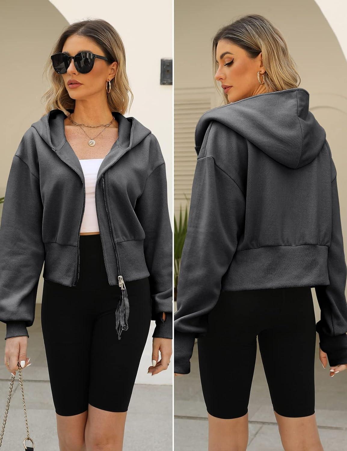 Arssm Cropped Hoodie Women Zip Up Long Sleeve Sweatshirts Casual Fashion Hooded Workout Jacket Crop Top(Darkgrey)