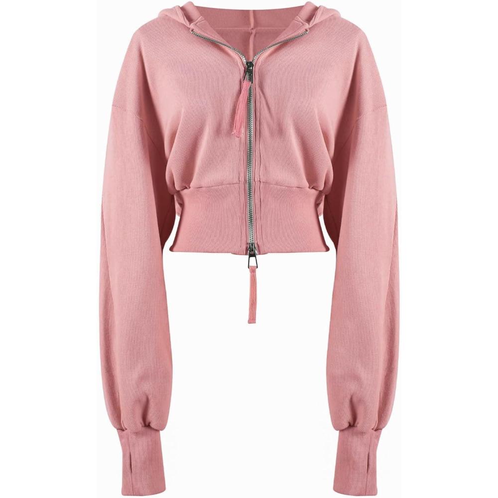 Arssm Cropped Hoodie Women Zip Up Long Sleeve Sweatshirts Casual Fashion Hooded Workout Jacket Crop Top(Pink)