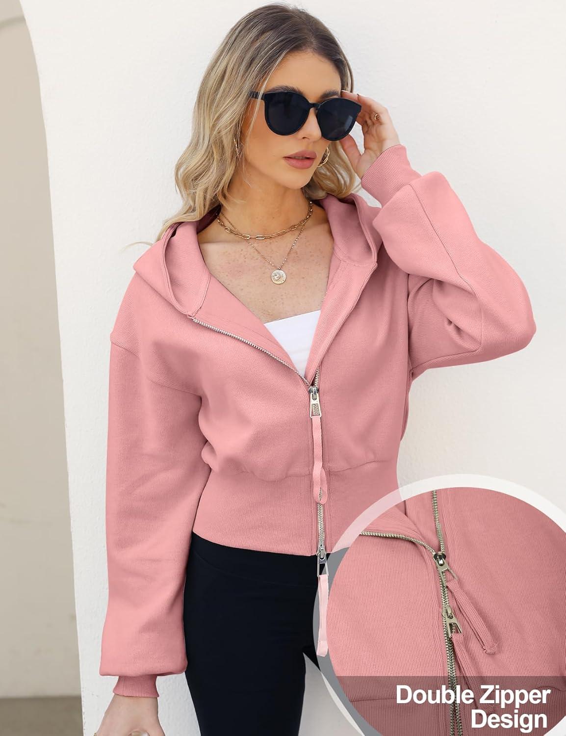 Arssm Cropped Hoodie Women Zip Up Long Sleeve Sweatshirts Casual Fashion Hooded Workout Jacket Crop Top(Pink)