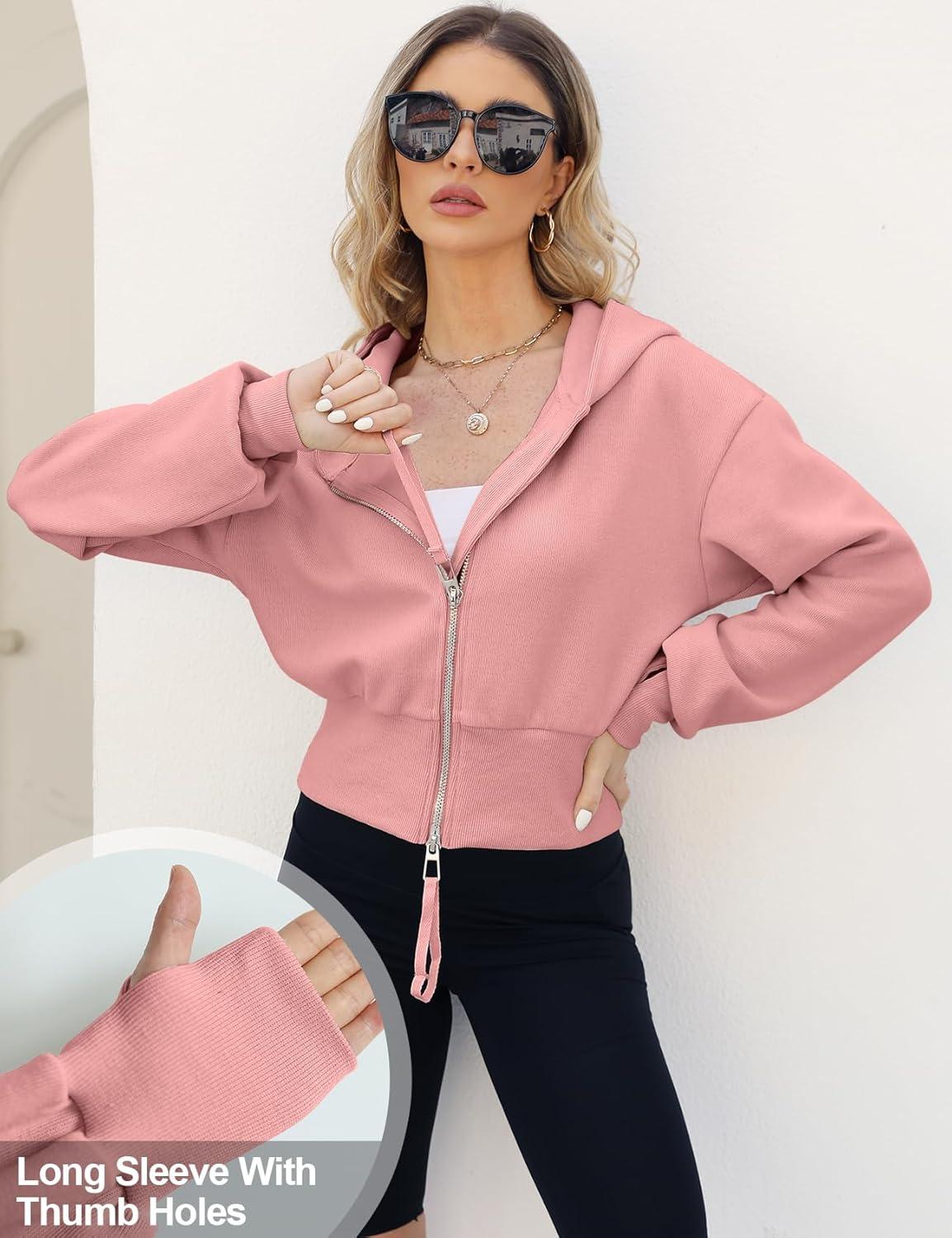 Arssm Cropped Hoodie Women Zip Up Long Sleeve Sweatshirts Casual Fashion Hooded Workout Jacket Crop Top(Pink)