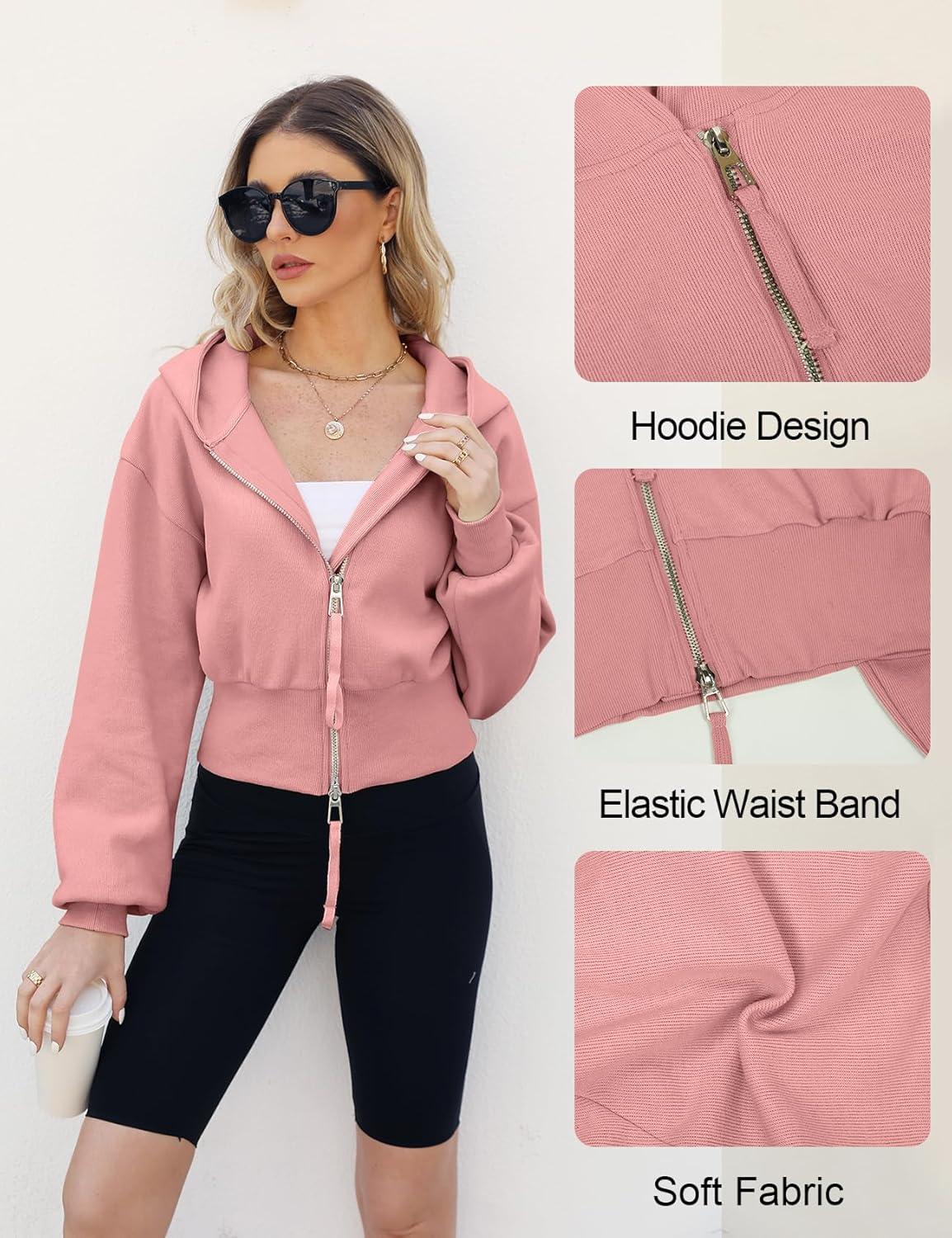 Arssm Cropped Hoodie Women Zip Up Long Sleeve Sweatshirts Casual Fashion Hooded Workout Jacket Crop Top(Pink)