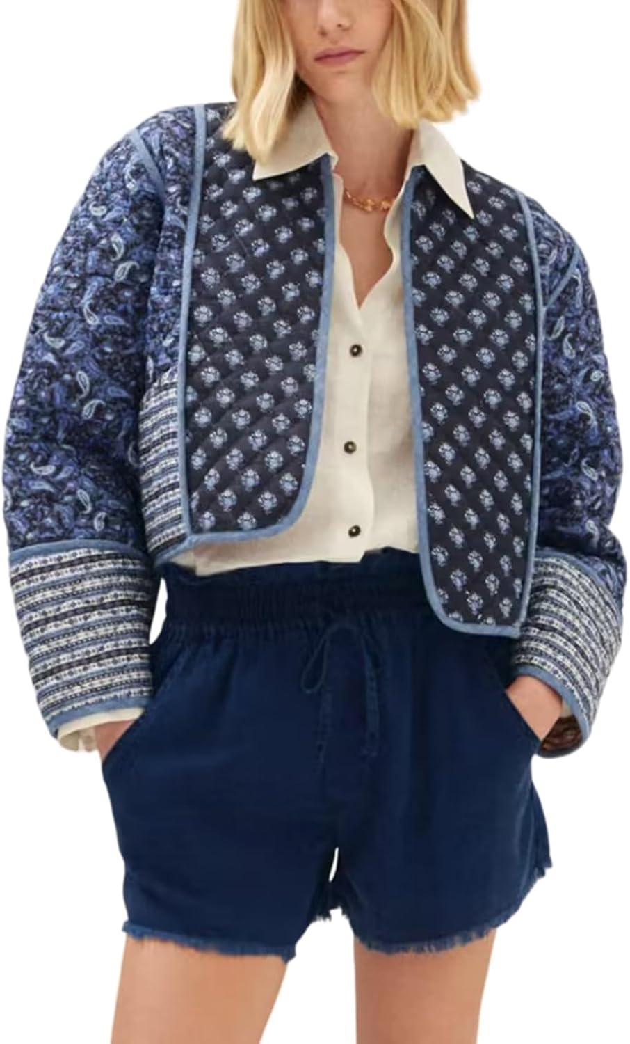Arssm Women Floral Quilted Puffer Jacket Cropped Lightweight Patchwork Vintage Padded Short Coat Outerwear(Black)