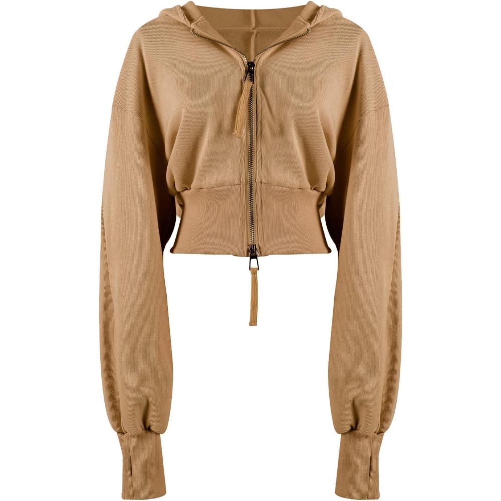 Arssm Cropped Hoodie Women Zip Up Long Sleeve Sweatshirts Casual Fashion Hooded Workout Jacket Crop Top(Khaki)
