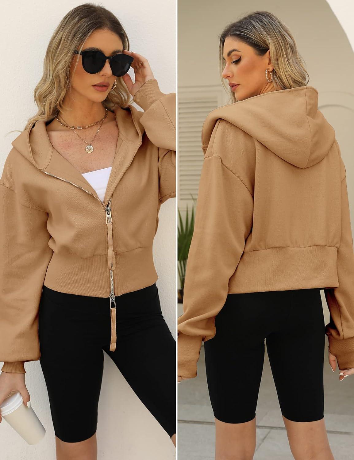 Arssm Cropped Hoodie Women Zip Up Long Sleeve Sweatshirts Casual Fashion Hooded Workout Jacket Crop Top(Khaki)