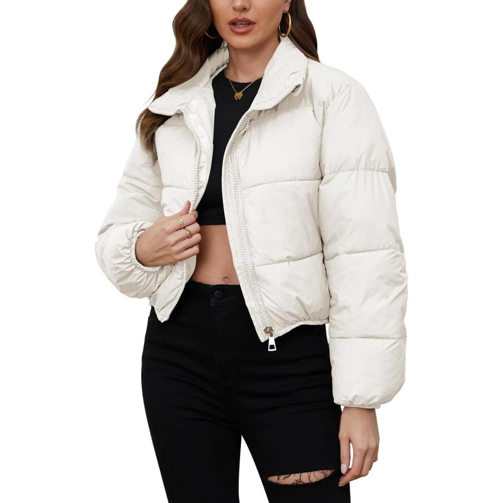 Arssm Women Cropped Puffer Jacket Short Puffy Jacket Crop Warm Winter Coats with Pockets(White)