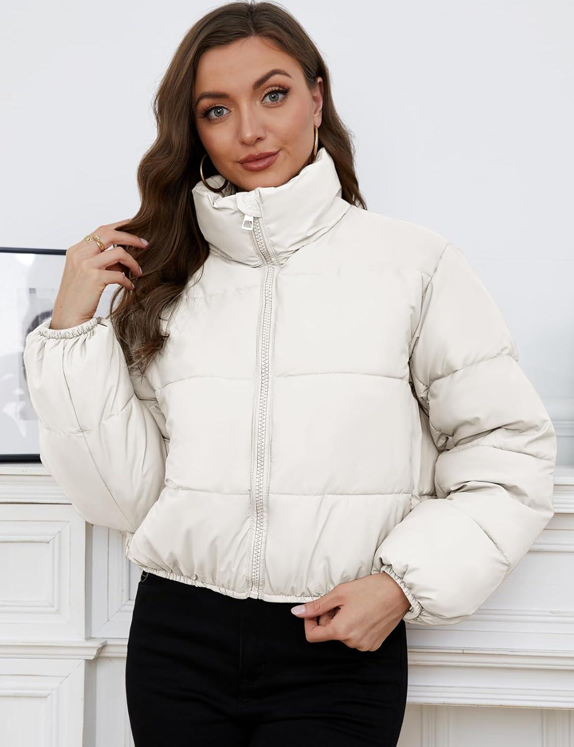 Arssm Women Cropped Puffer Jacket Short Puffy Jacket Crop Warm Winter Coats with Pockets(White)