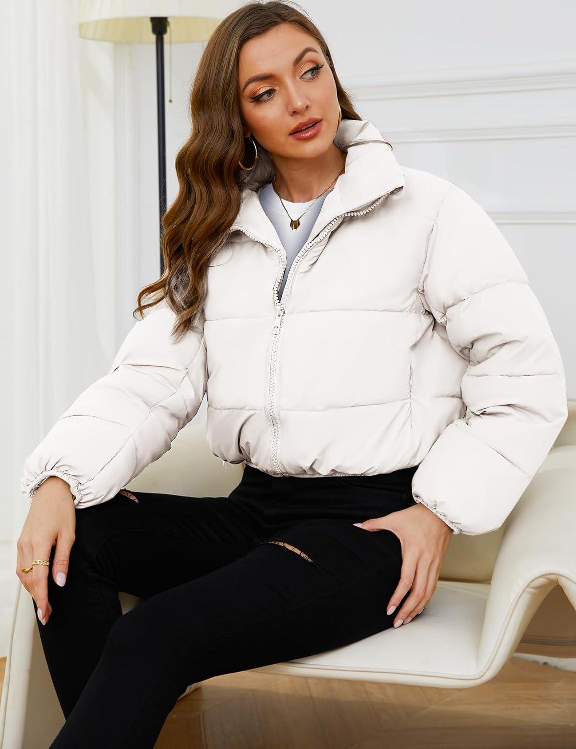 Arssm Women Cropped Puffer Jacket Short Puffy Jacket Crop Warm Winter Coats with Pockets(White)