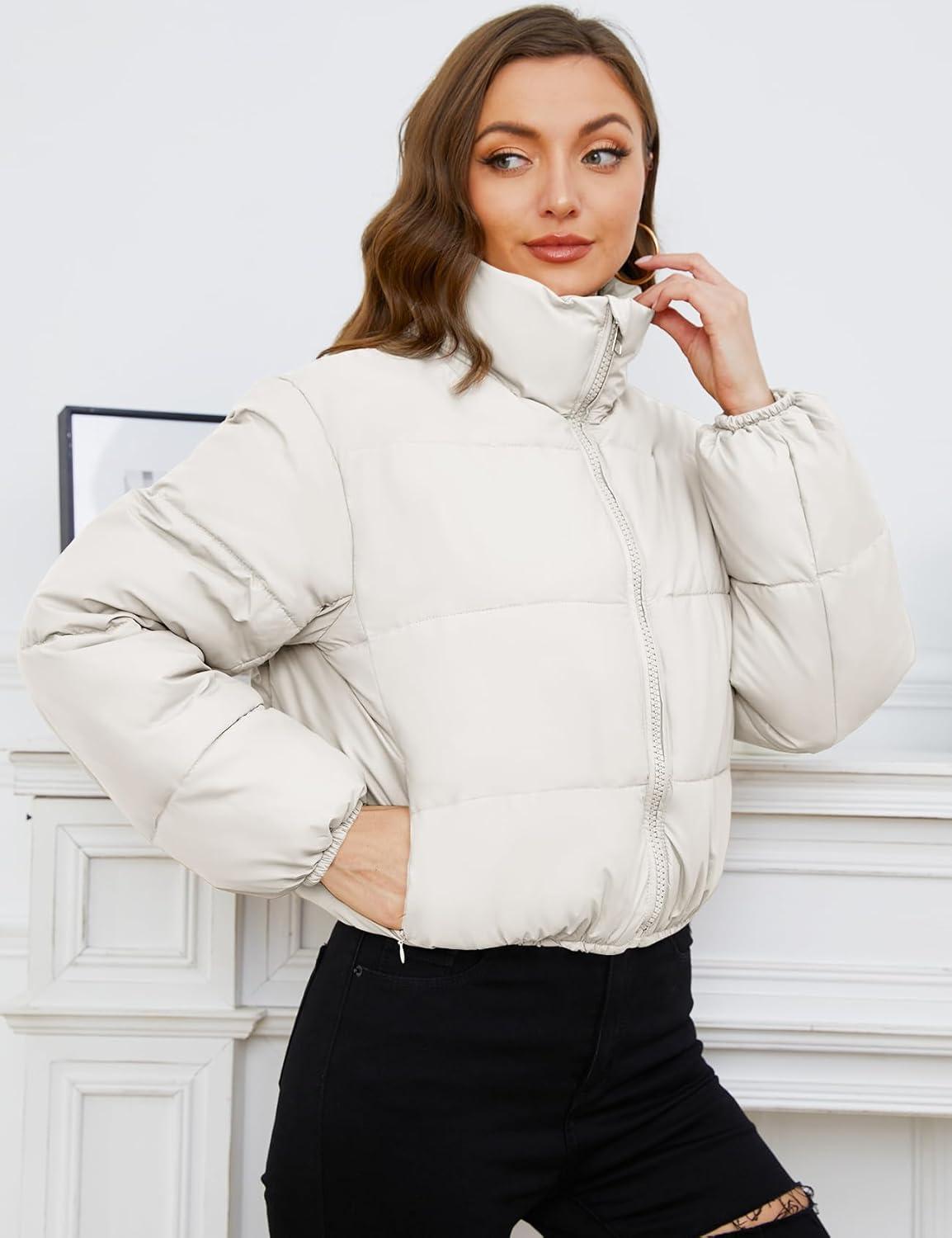 Arssm Women Cropped Puffer Jacket Short Puffy Jacket Crop Warm Winter Coats with Pockets(White)