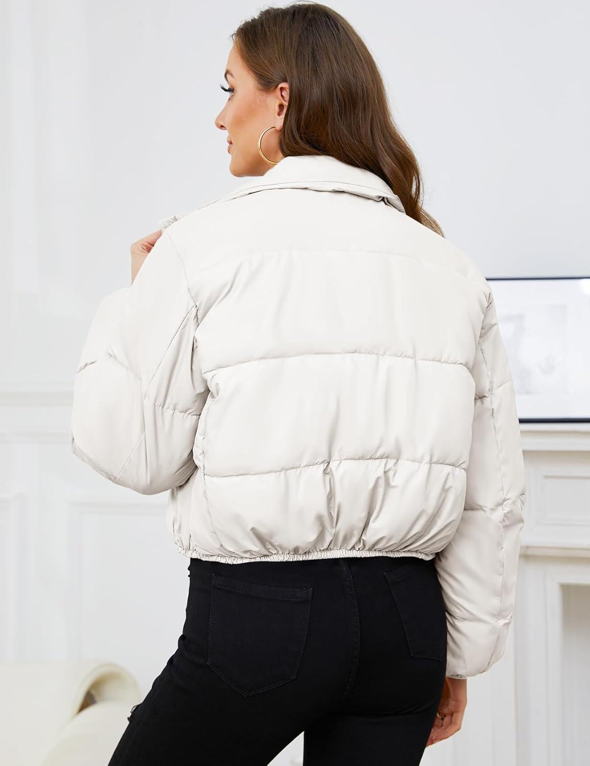 Arssm Women Cropped Puffer Jacket Short Puffy Jacket Crop Warm Winter Coats with Pockets(White)