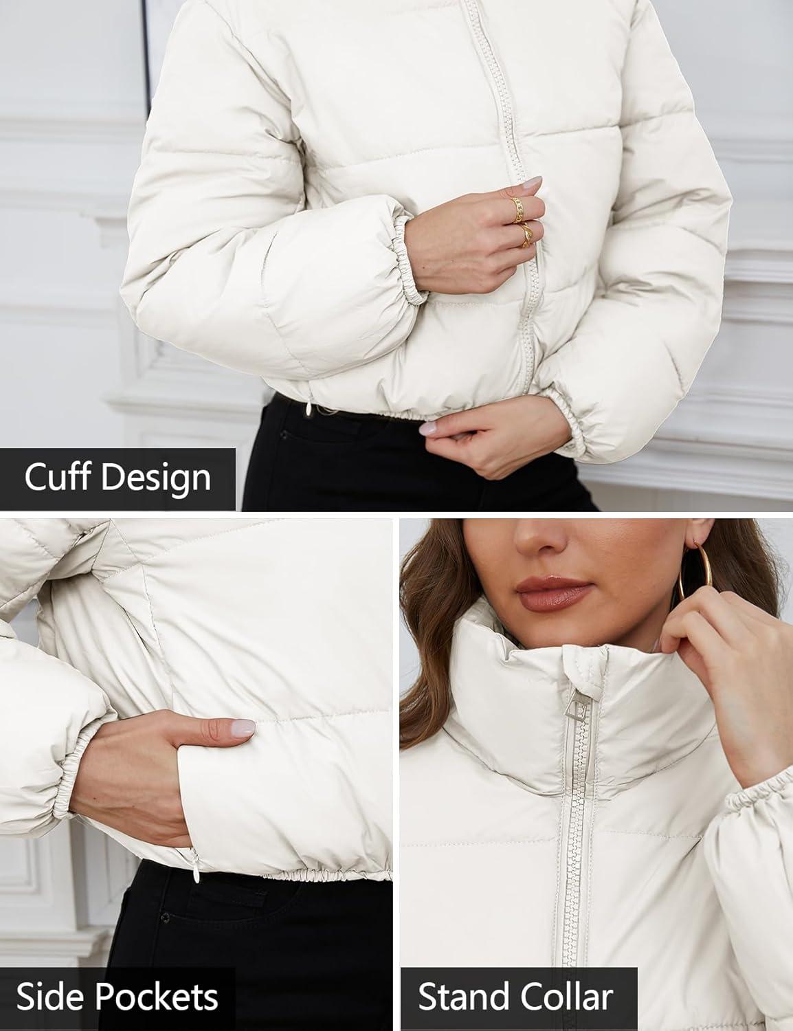 Arssm Women Cropped Puffer Jacket Short Puffy Jacket Crop Warm Winter Coats with Pockets(White)