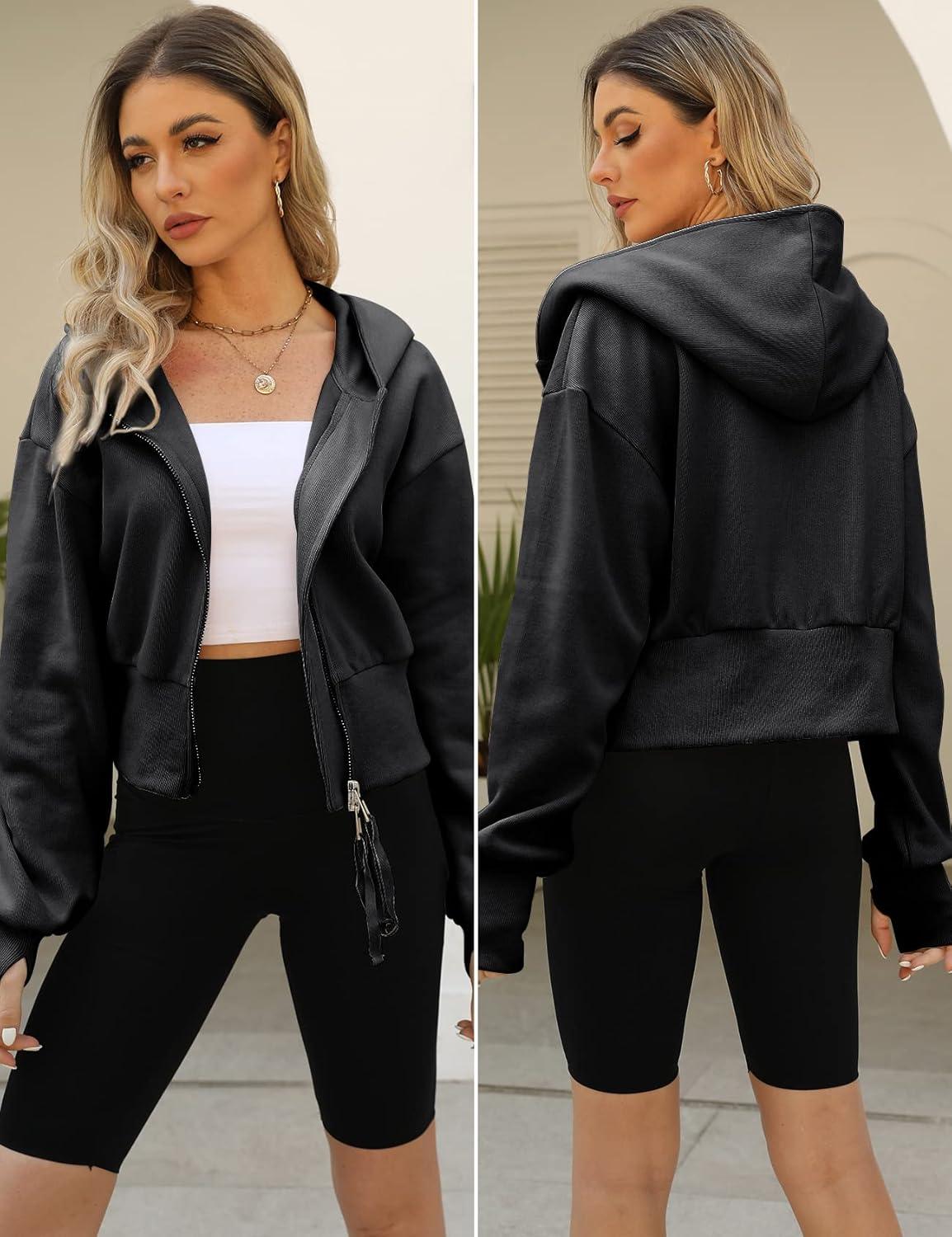 Arssm Cropped Hoodie Women Zip Up Long Sleeve Sweatshirts Casual Fashion Hooded Workout Jacket Crop Top(Black)