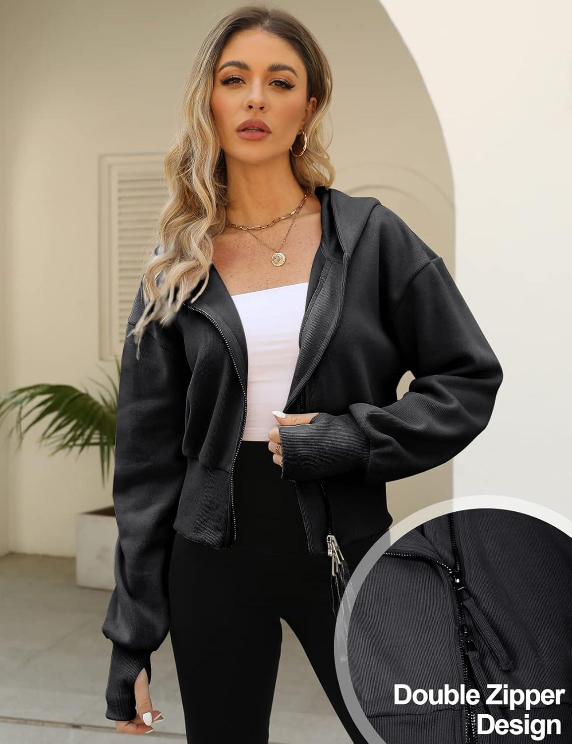 Arssm Cropped Hoodie Women Zip Up Long Sleeve Sweatshirts Casual Fashion Hooded Workout Jacket Crop Top(Black)