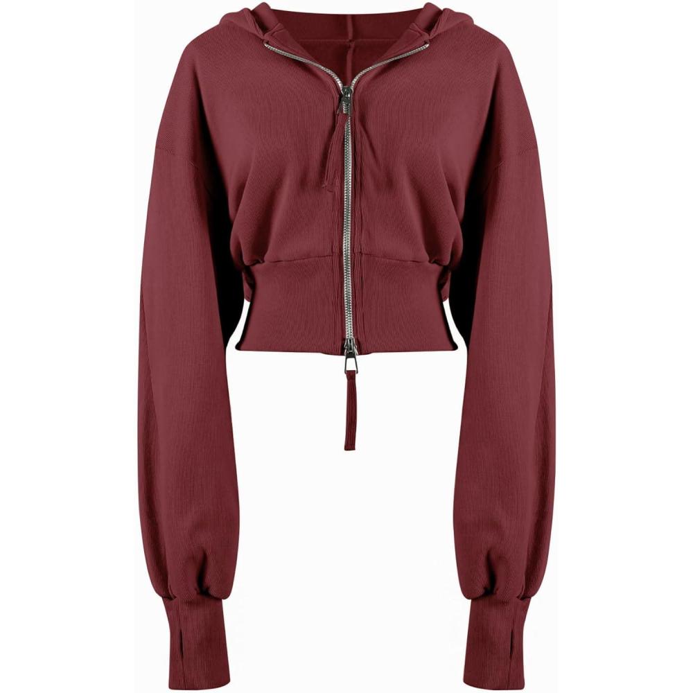 Arssm Cropped Hoodie Women Zip Up Long Sleeve Sweatshirts Casual Fashion Hooded Workout Jacket Crop Top(Wine)