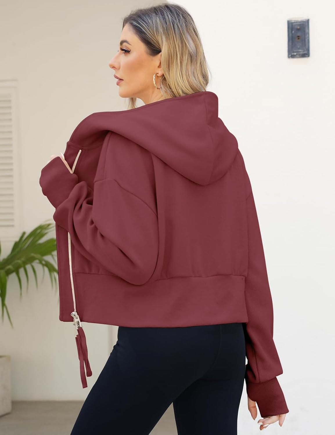 Arssm Cropped Hoodie Women Zip Up Long Sleeve Sweatshirts Casual Fashion Hooded Workout Jacket Crop Top(Wine)