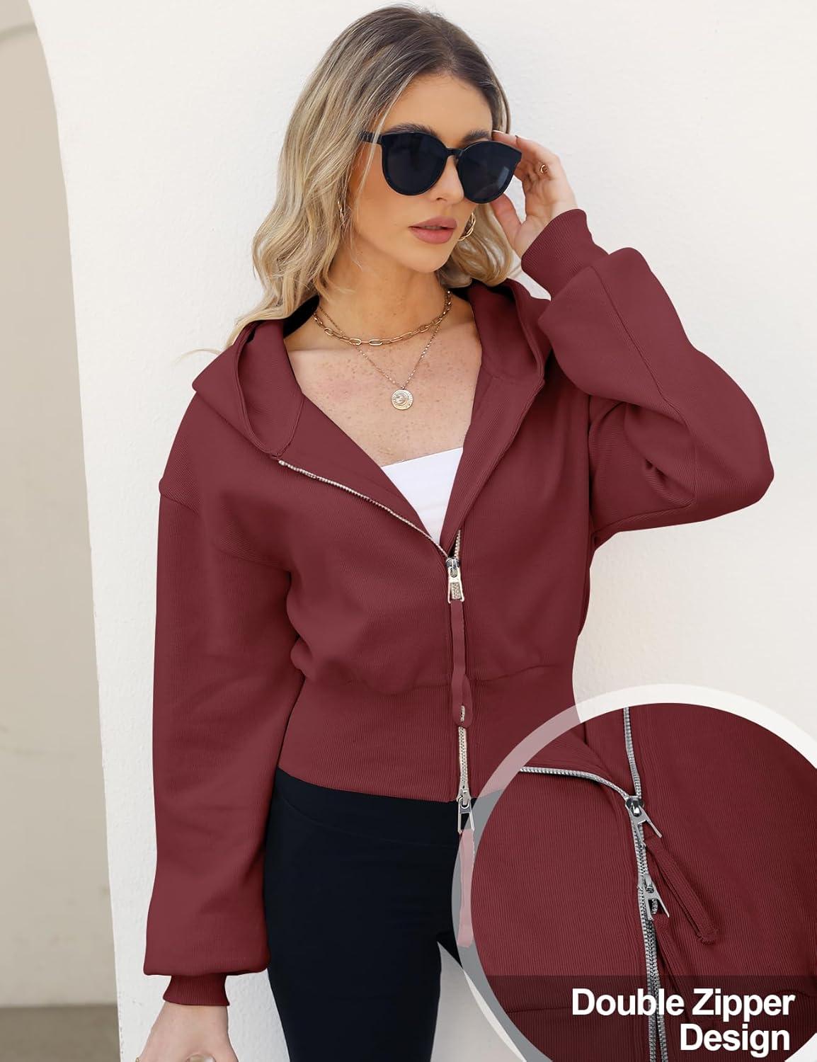 Arssm Cropped Hoodie Women Zip Up Long Sleeve Sweatshirts Casual Fashion Hooded Workout Jacket Crop Top(Wine)
