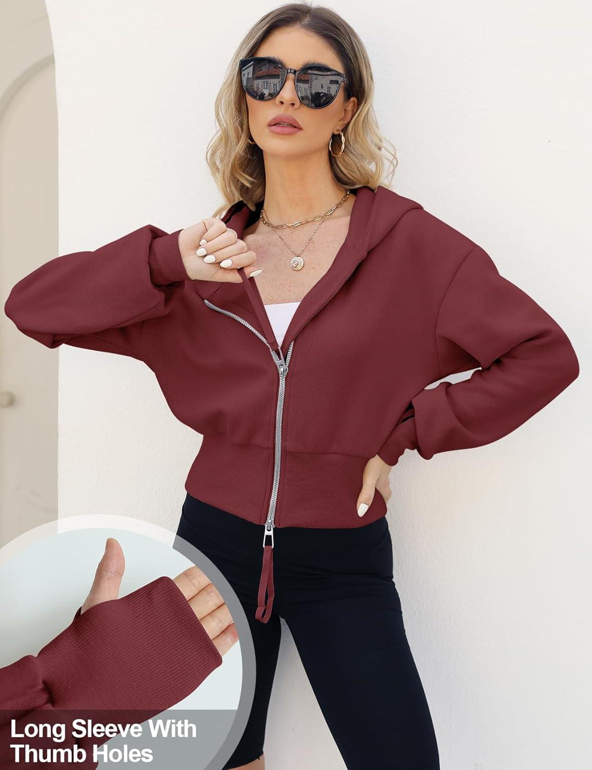 Arssm Cropped Hoodie Women Zip Up Long Sleeve Sweatshirts Casual Fashion Hooded Workout Jacket Crop Top(Wine)