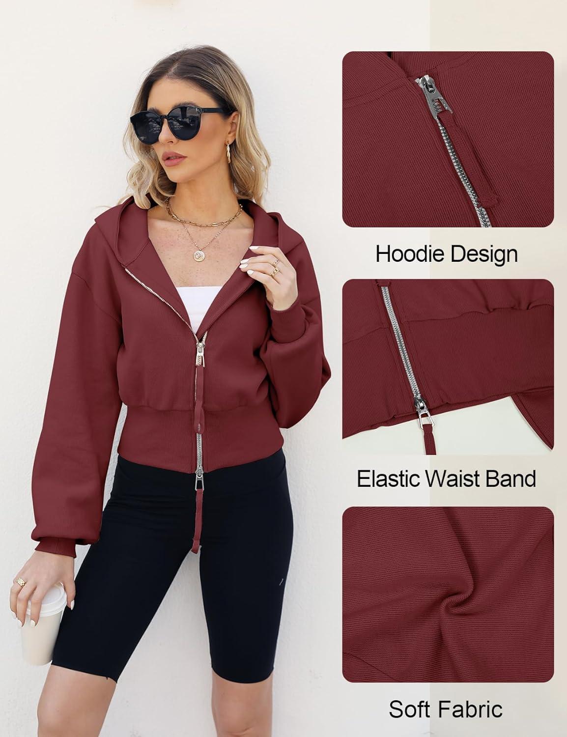 Arssm Cropped Hoodie Women Zip Up Long Sleeve Sweatshirts Casual Fashion Hooded Workout Jacket Crop Top(Wine)